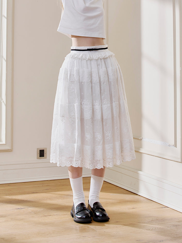 'Solitude Speaks' White Embroideried Midi Skirt