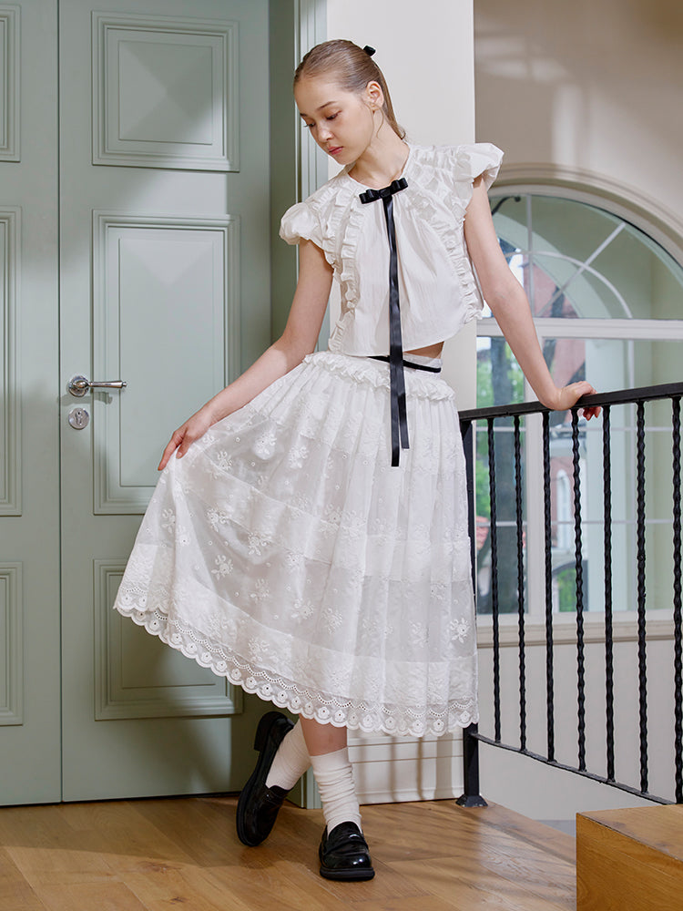 'Solitude Speaks' White Embroideried Midi Skirt