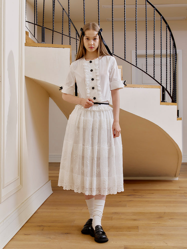 'Solitude Speaks' White Embroideried Midi Skirt