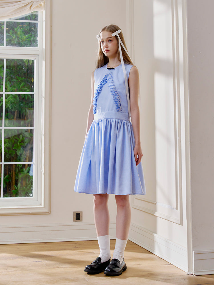 ‘Cloud Surfing’ Blue V-cut Gathering Dress