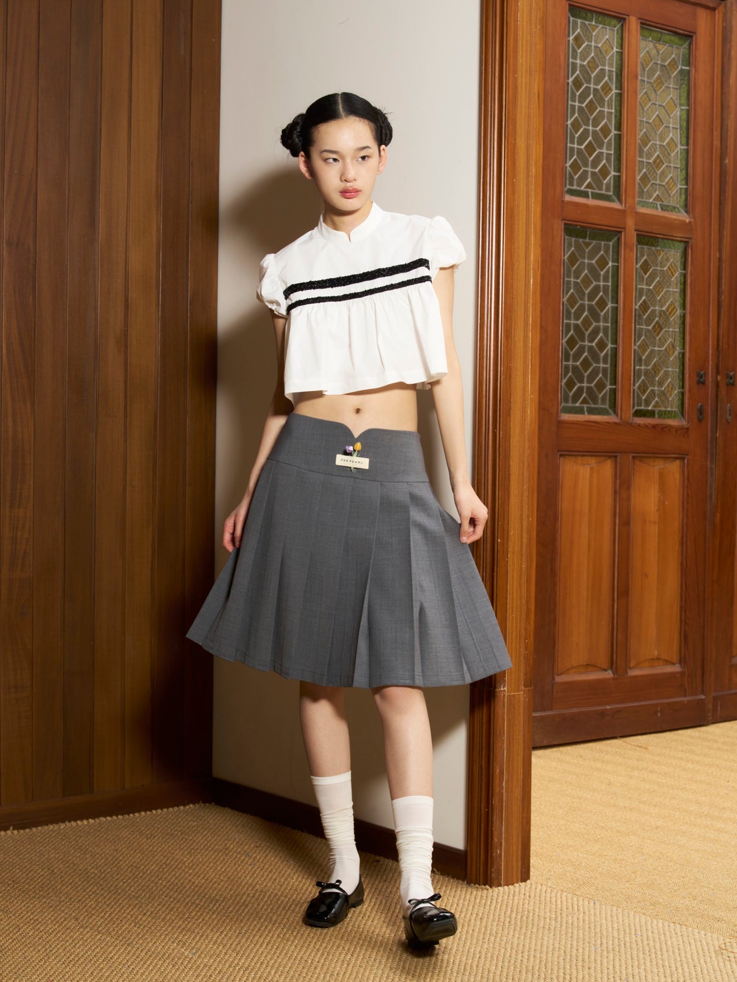 'Morning Light' Grey Tulip Pleated Skirt