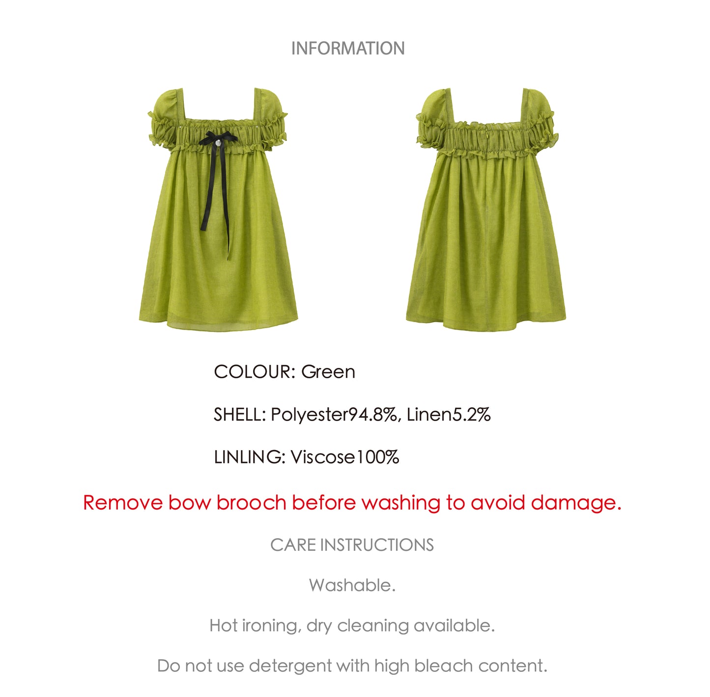 ‘Ariel’ Green Linen Puff Dress