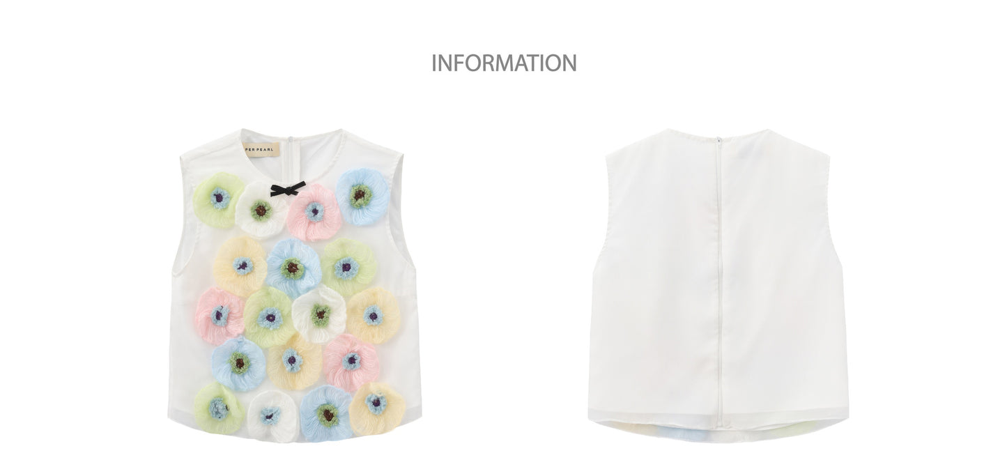 ‘Slyvia’ White Knit Flower Mesh Vest