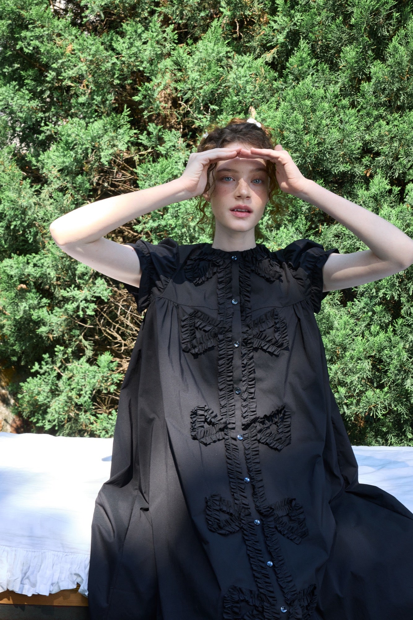 ‘Andrina’ Black Gathering Bow-tie Long Shirt Dress