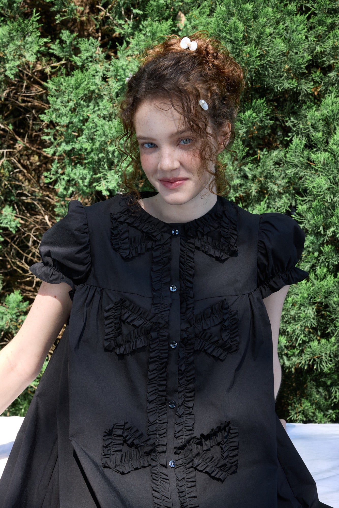 ‘Andrina’ Black Gathering Bow-tie Long Shirt Dress