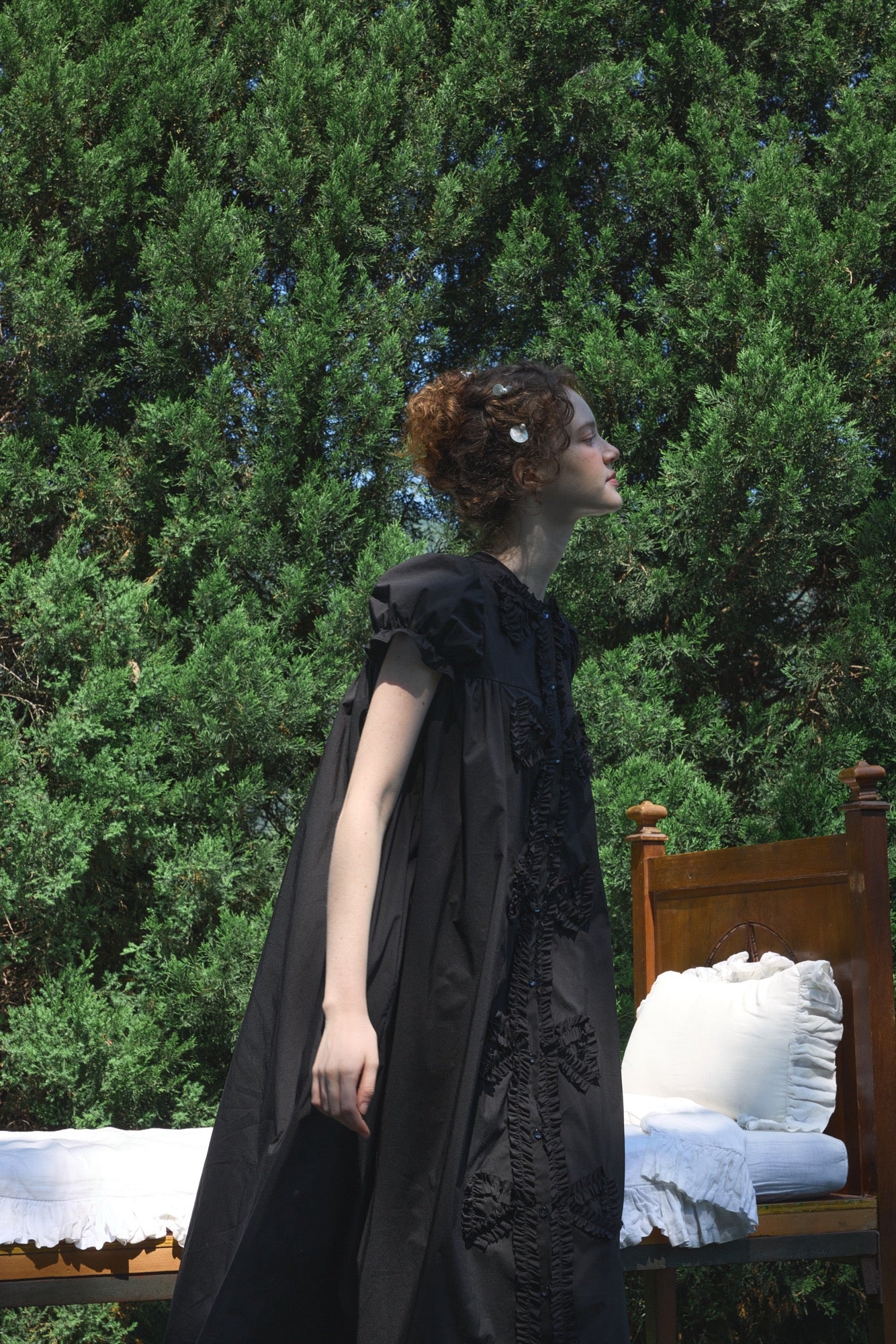 ‘Andrina’ Black Gathering Bow-tie Long Shirt Dress