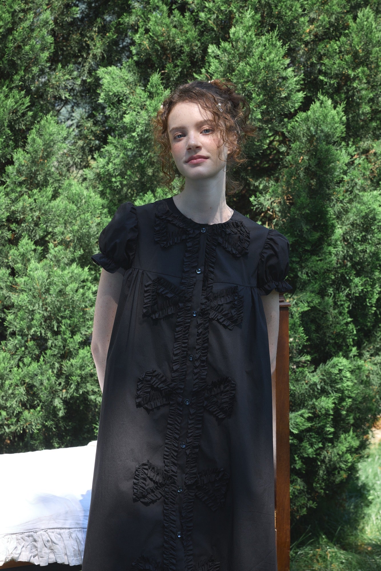 ‘Andrina’ Black Gathering Bow-tie Long Shirt Dress