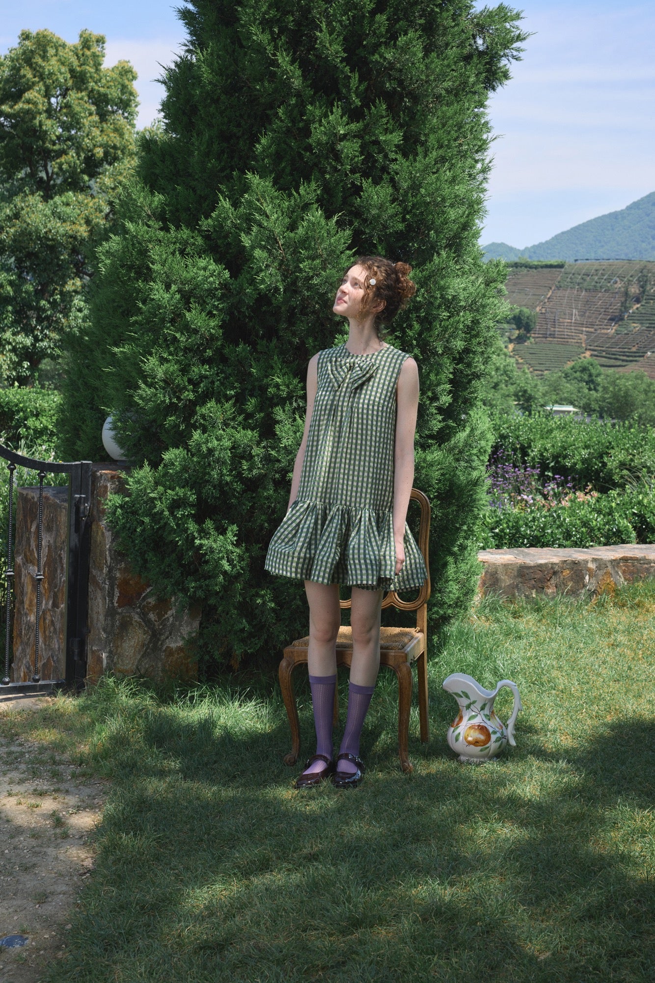 ‘Arista’ Green Plaid Bow-tie Vest Dress