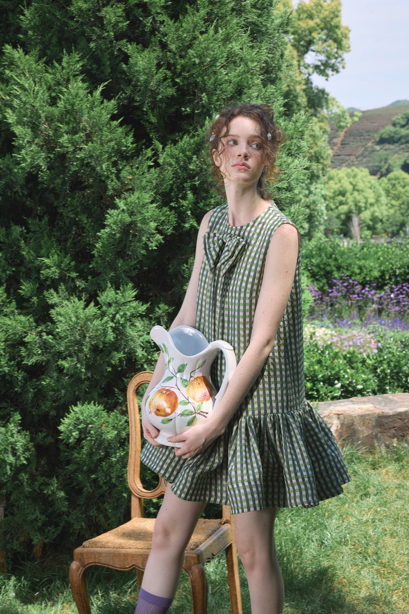 ‘Arista’ Green Plaid Bow-tie Vest Dress