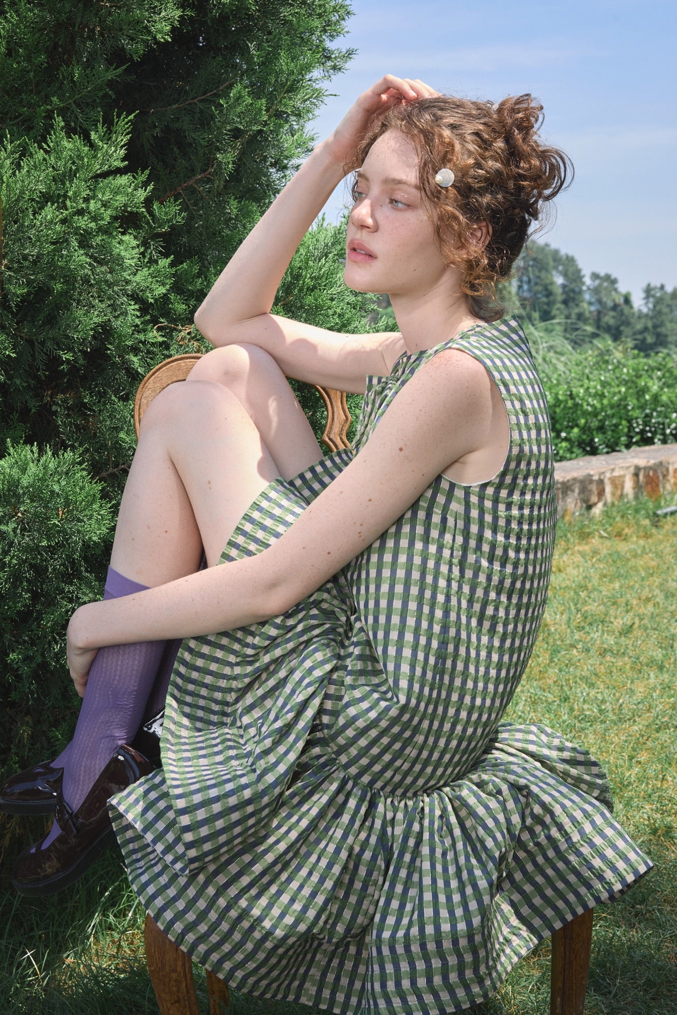 ‘Arista’ Green Plaid Bow-tie Vest Dress