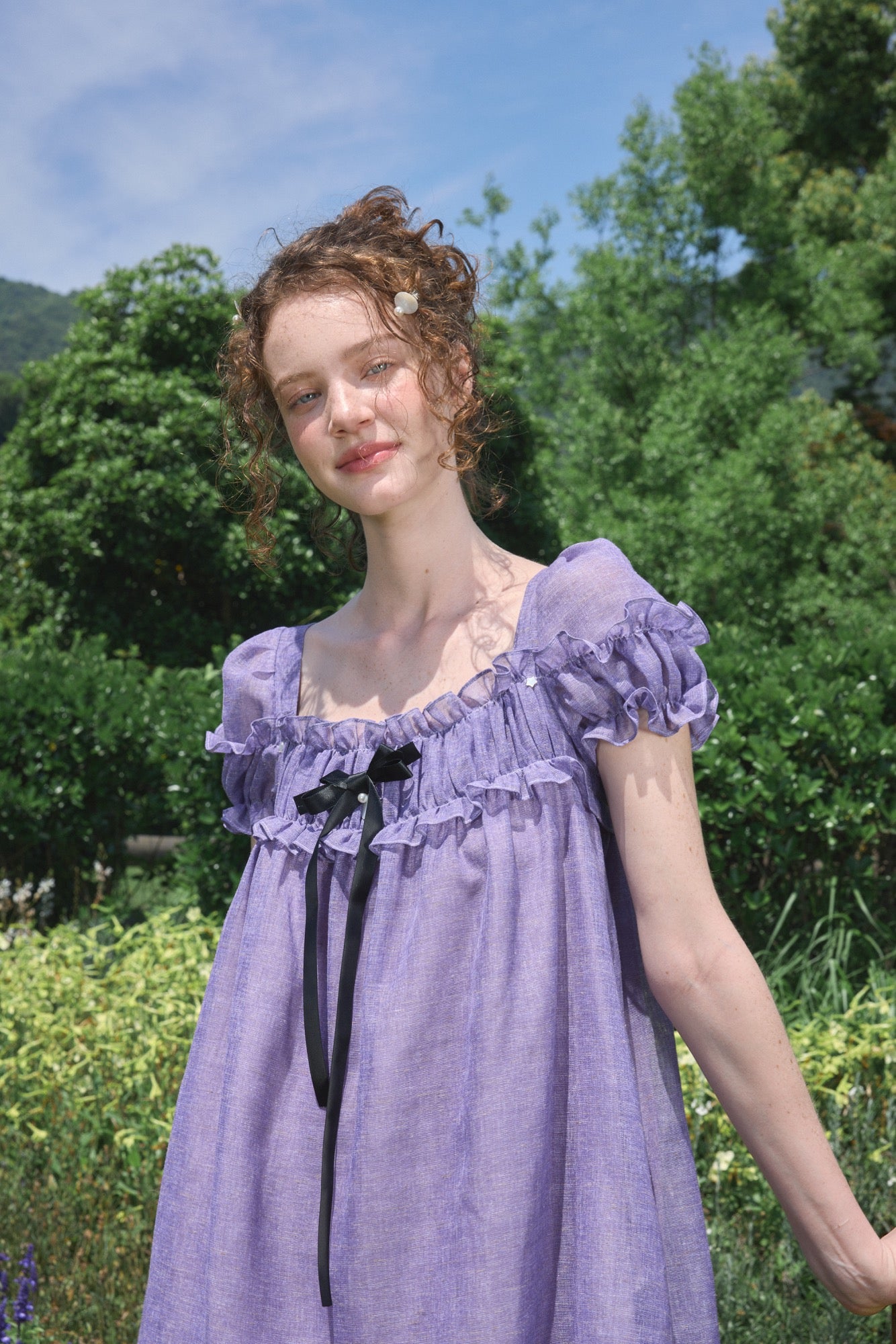 ‘Ariel’ Purple Linen Puff Dress