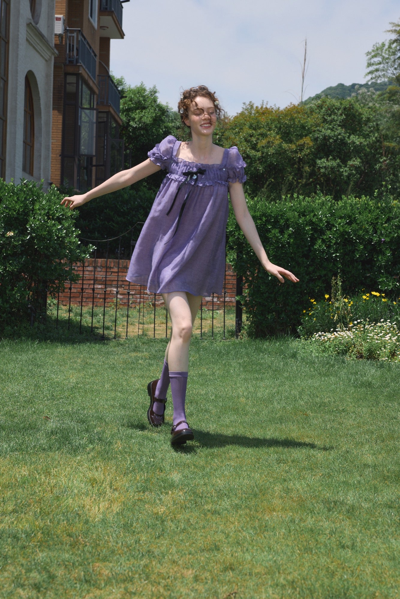 ‘Ariel’ Purple Linen Puff Dress