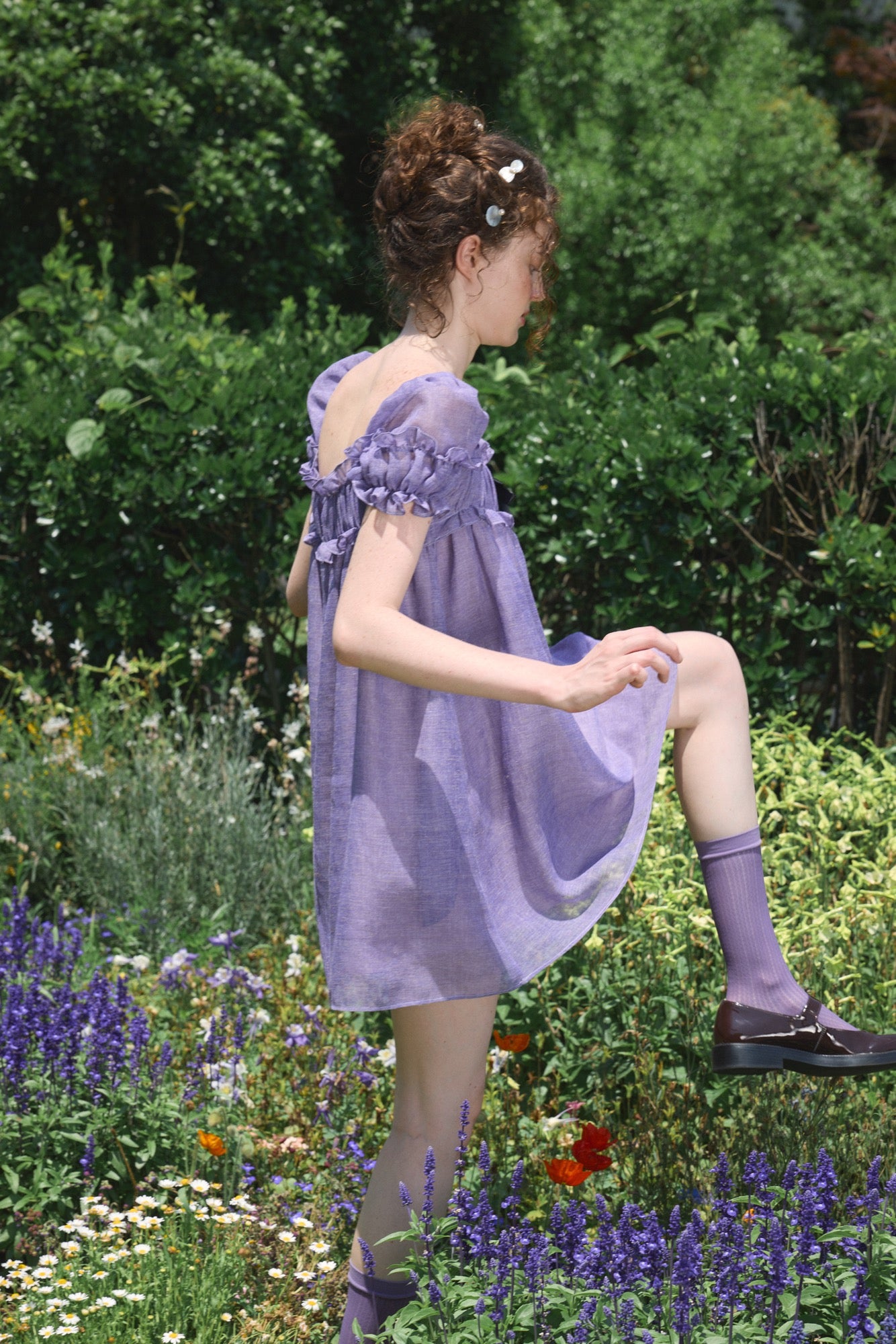 ‘Ariel’ Purple Linen Puff Dress