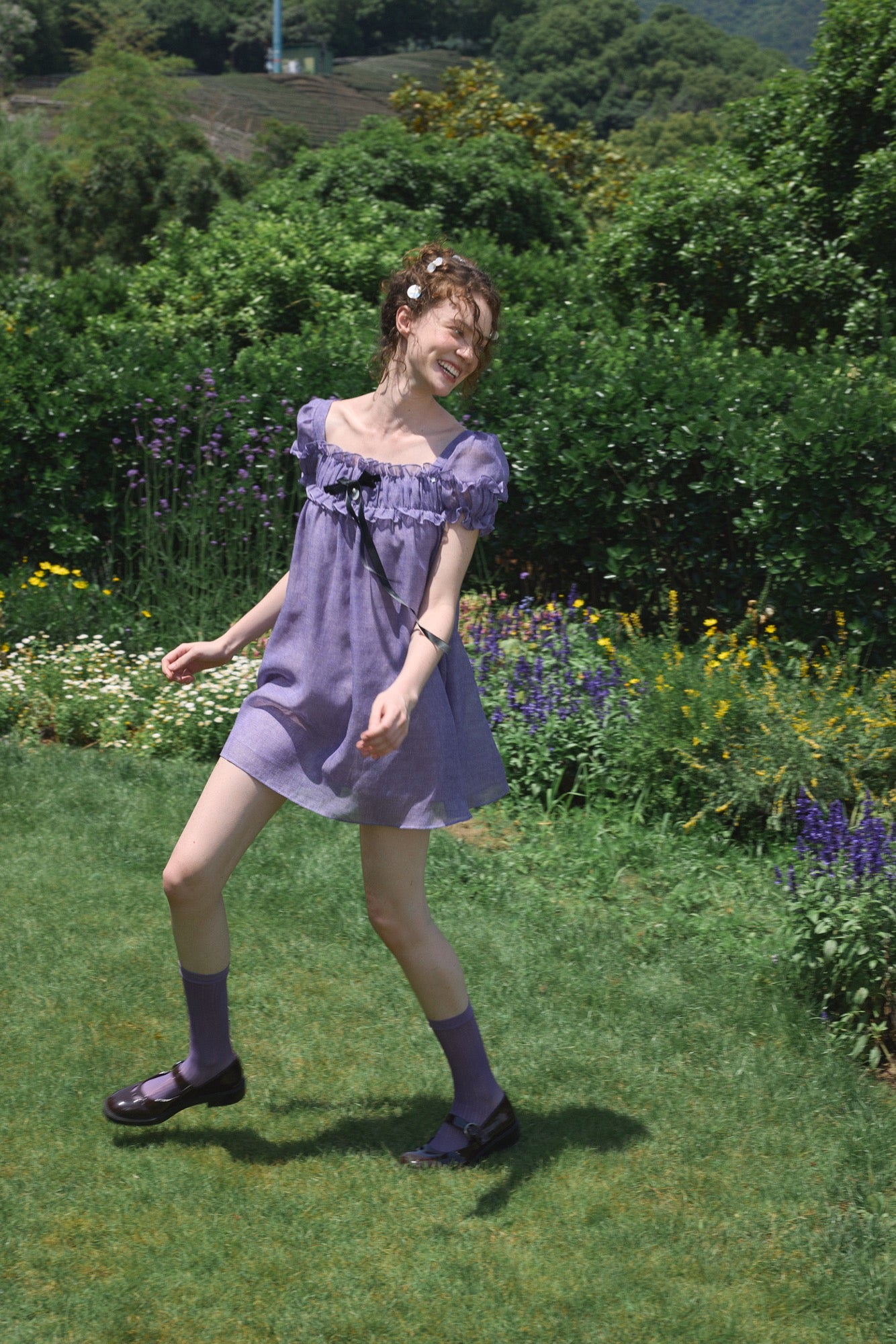 ‘Ariel’ Purple Linen Puff Dress