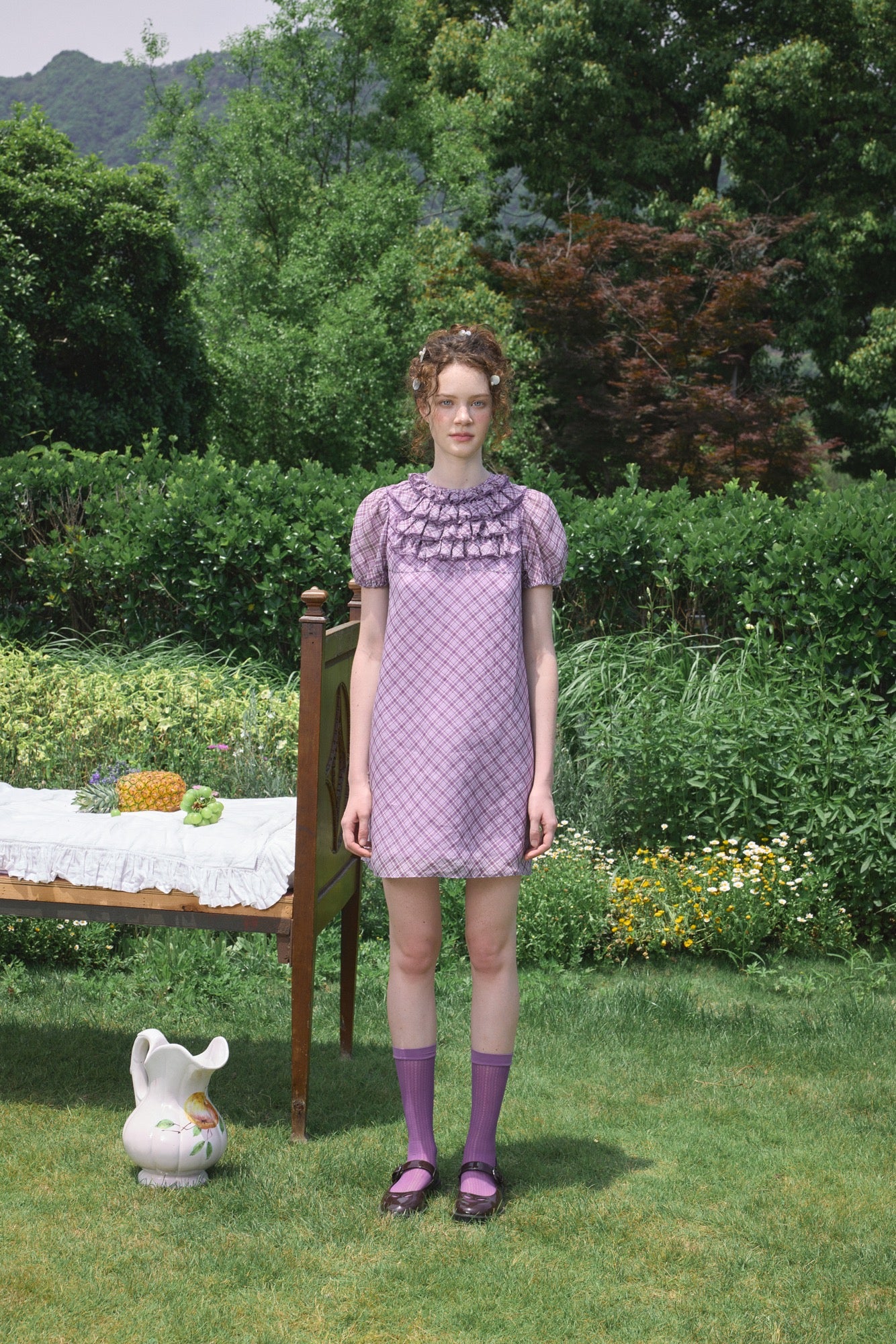‘Attina’ Purple Plaid Ruffles Dress