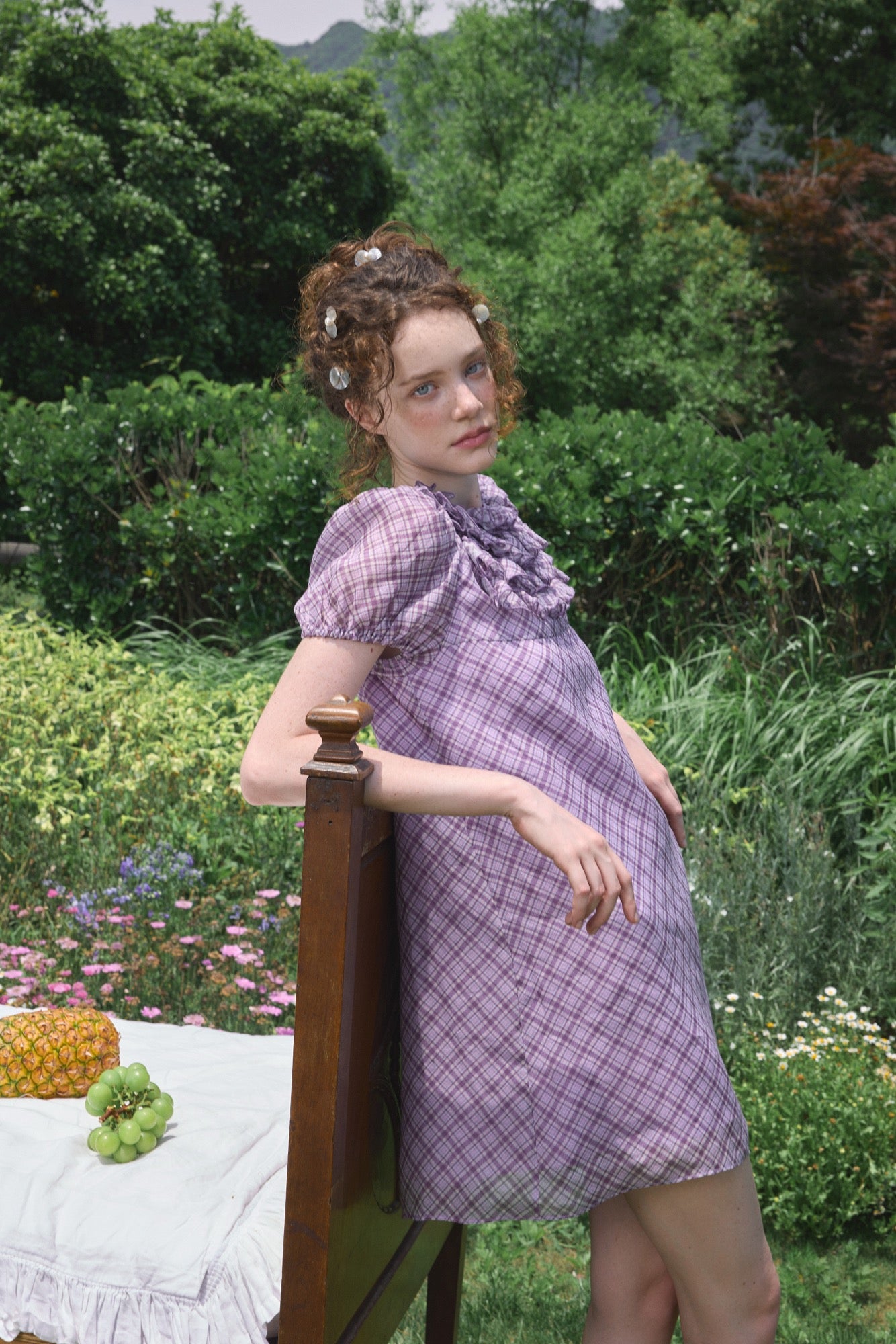 ‘Attina’ Purple Plaid Ruffles Dress