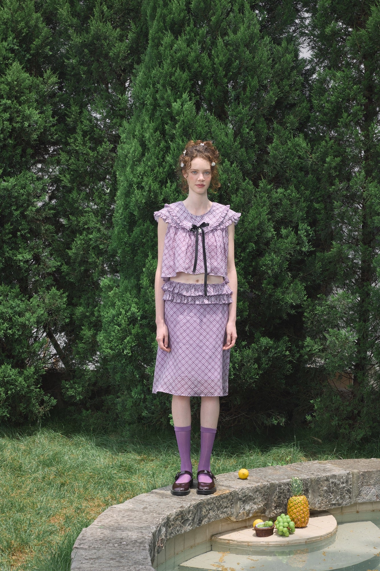‘Harold’ Purple Plaid Ruffles Midi Skirt
