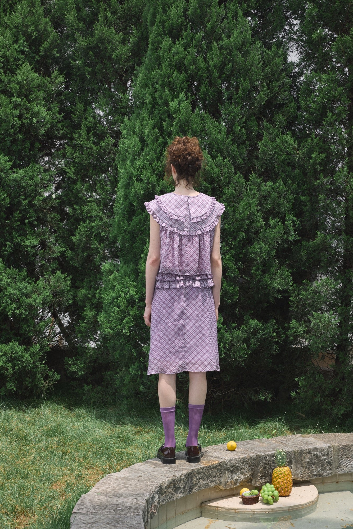 ‘Harold’ Purple Plaid Ruffles Midi Skirt