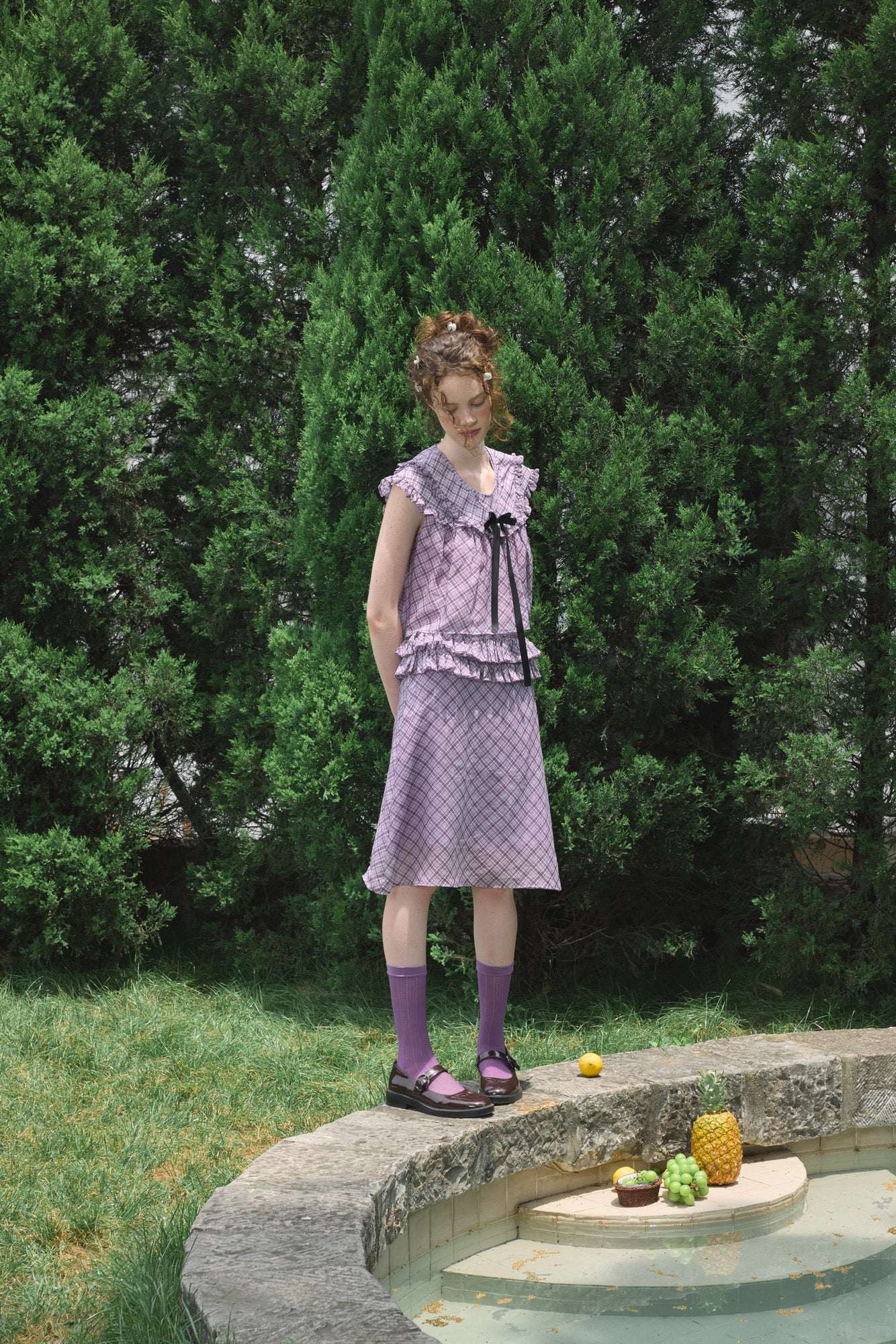 ‘Harold’ Purple Plaid Ruffles Midi Skirt