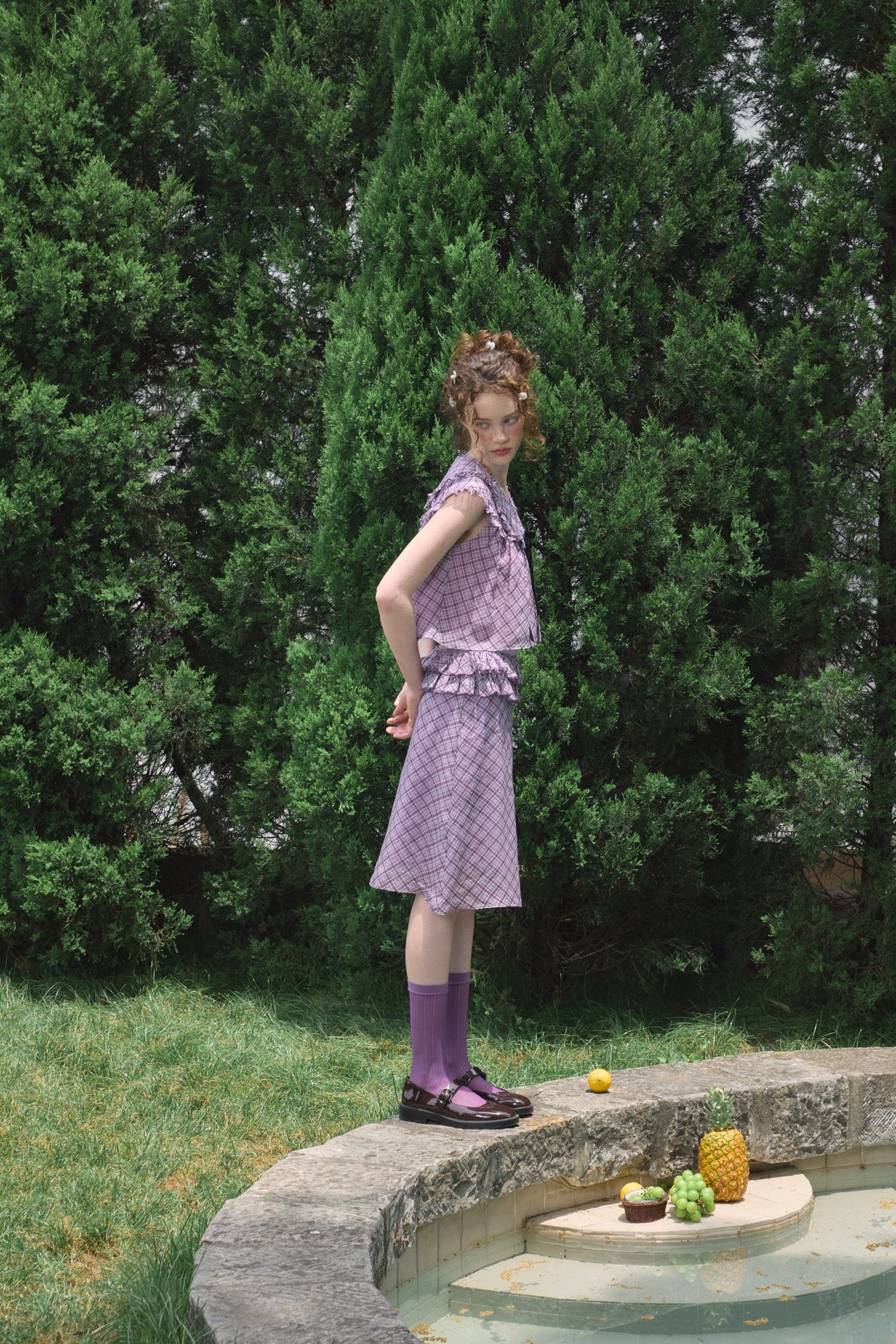 ‘Harold’ Purple Plaid Ruffles Midi Skirt
