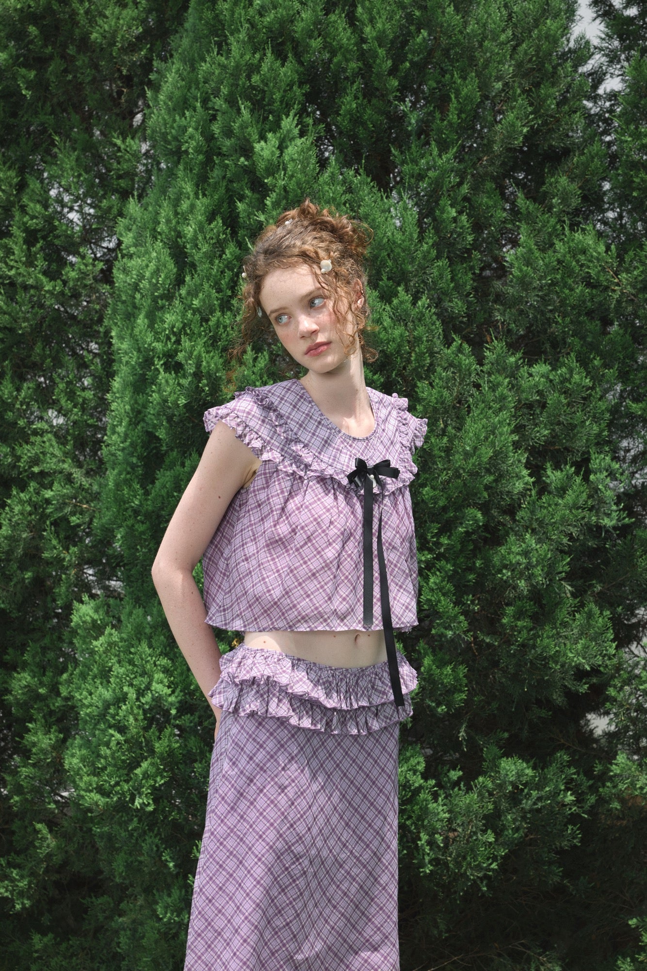 ‘Flounder’ Purple Plaid Double-Layer Collar Top