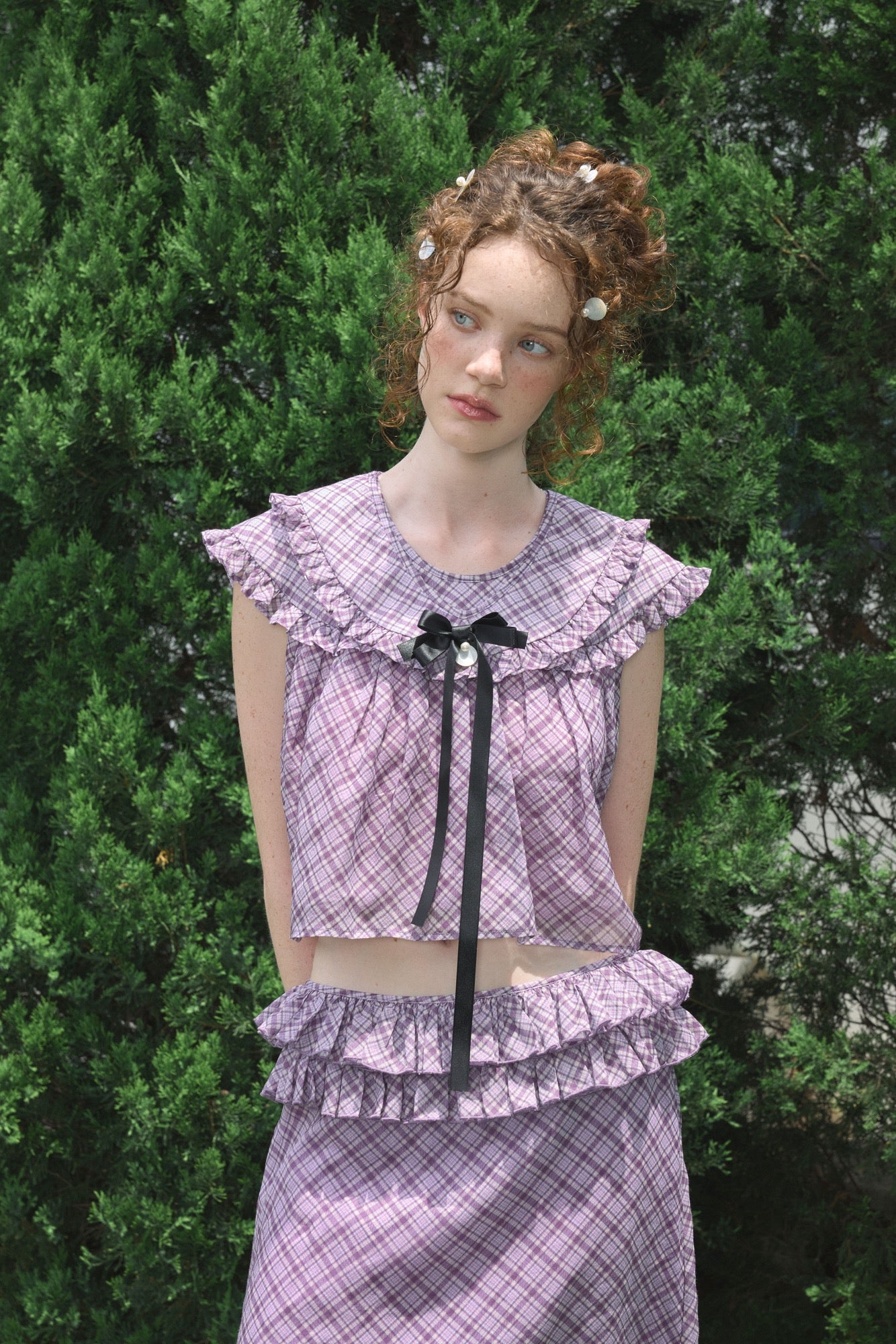 ‘Flounder’ Purple Plaid Double-Layer Collar Top