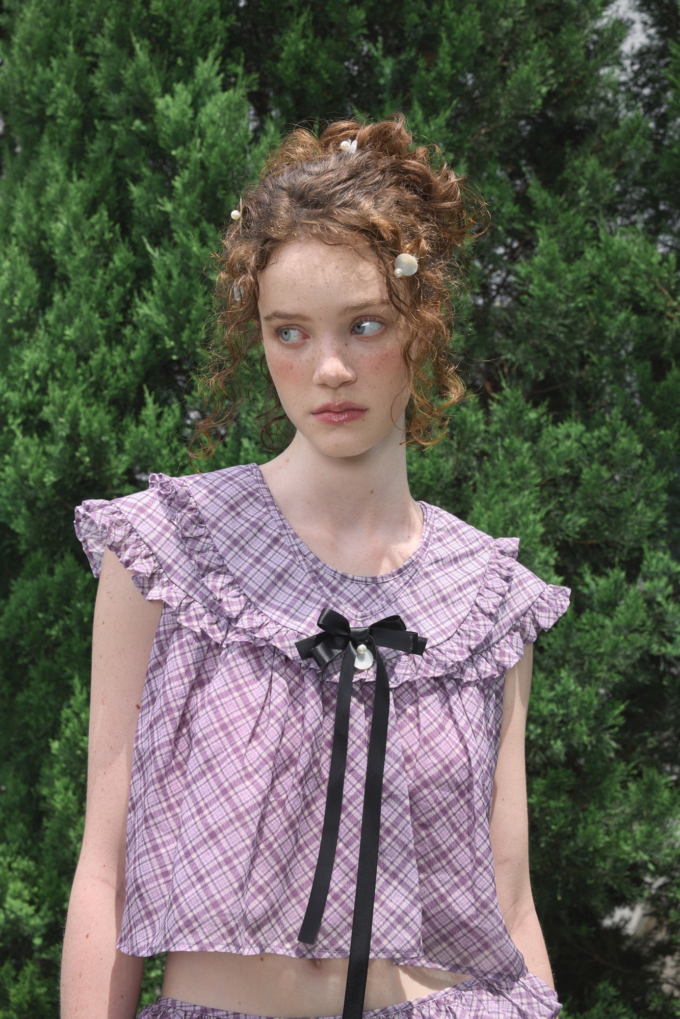‘Flounder’ Purple Plaid Double-Layer Collar Top