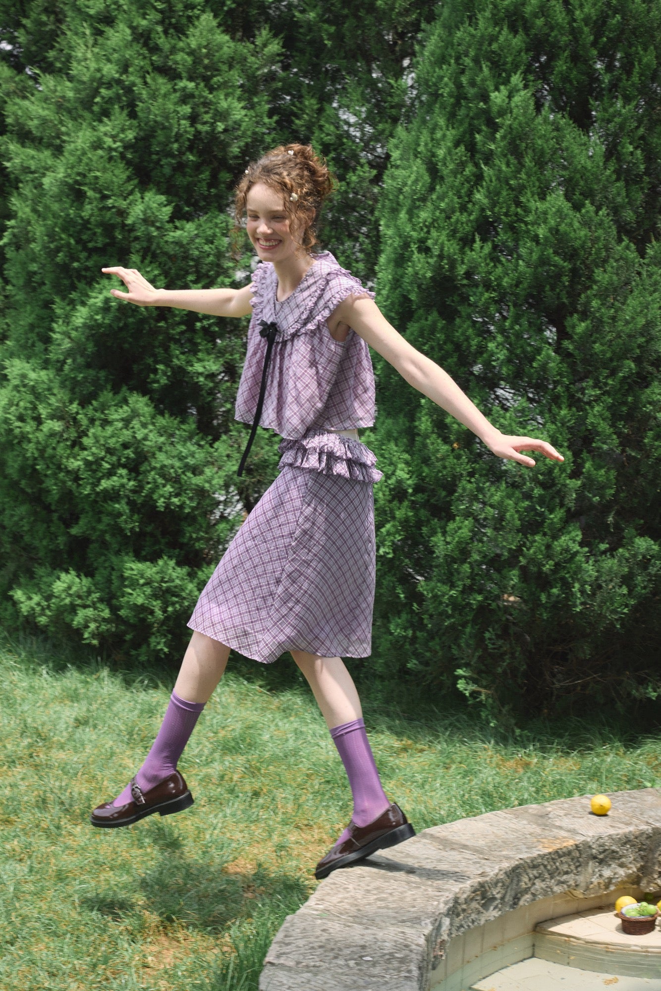 ‘Harold’ Purple Plaid Ruffles Midi Skirt