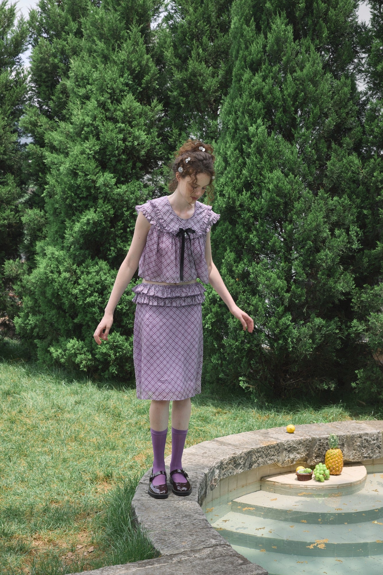 ‘Harold’ Purple Plaid Ruffles Midi Skirt