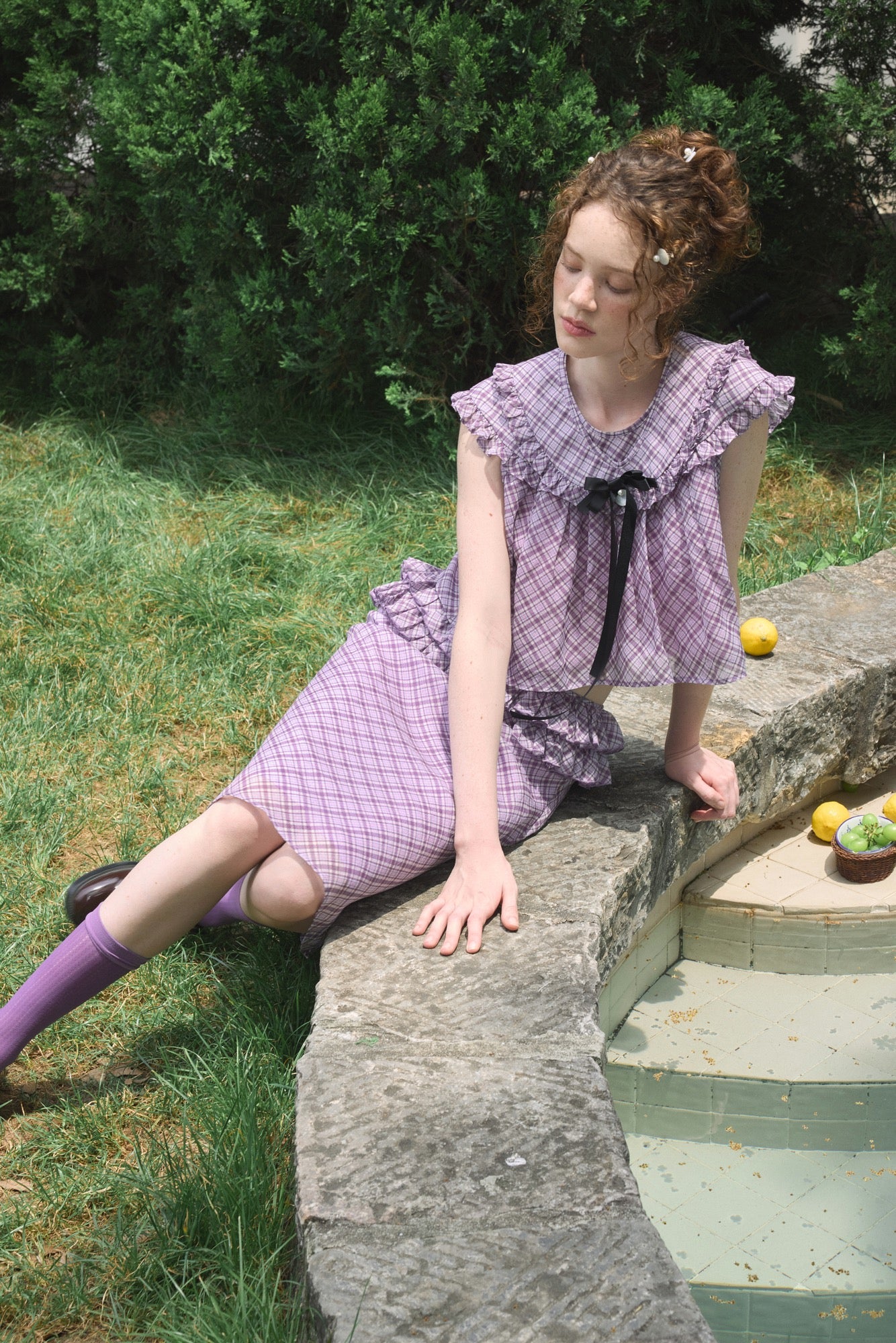 ‘Harold’ Purple Plaid Ruffles Midi Skirt