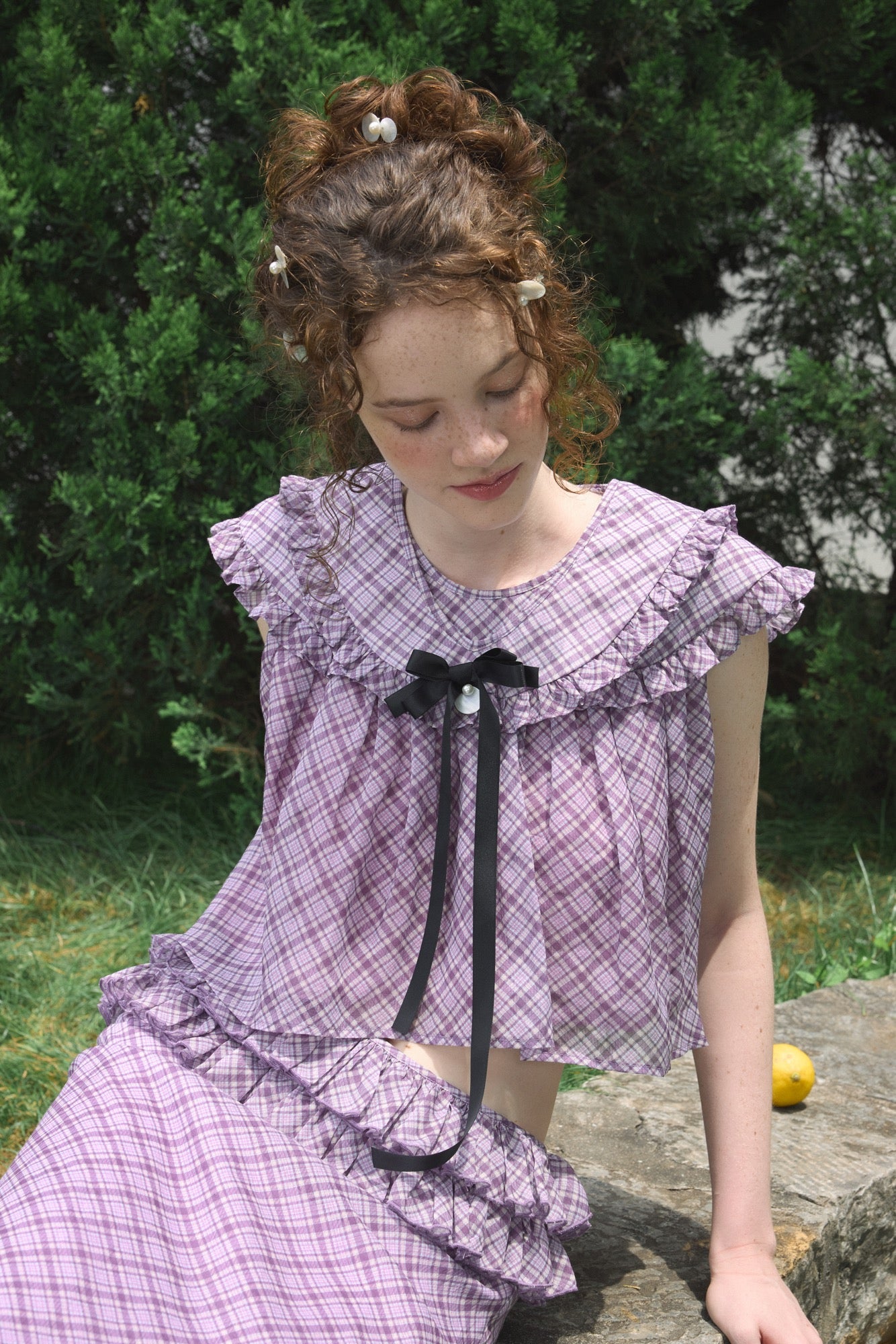 ‘Flounder’ Purple Plaid Double-Layer Collar Top