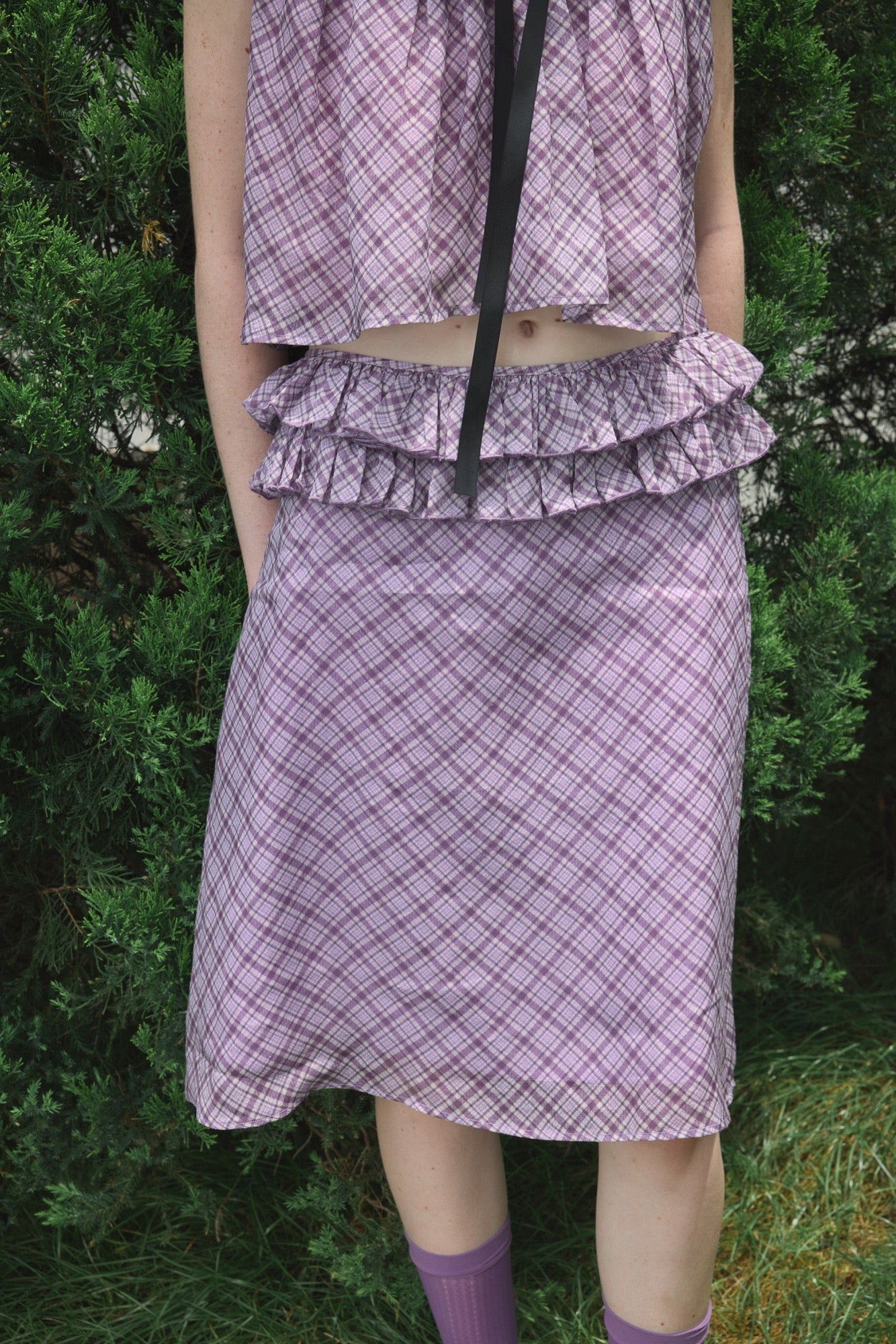‘Harold’ Purple Plaid Ruffles Midi Skirt