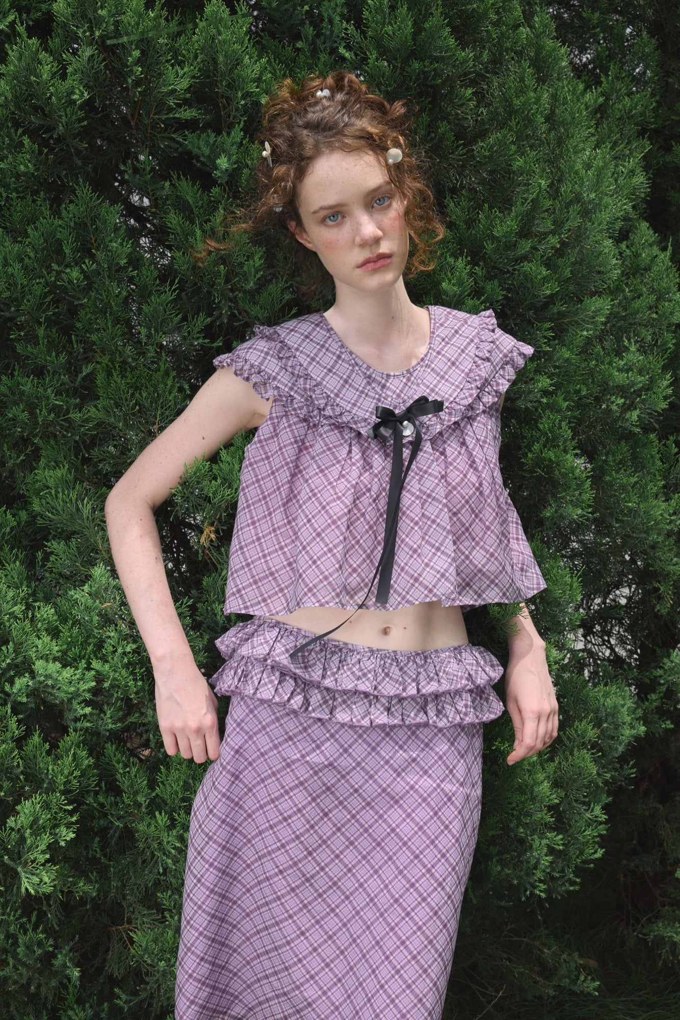 ‘Harold’ Purple Plaid Ruffles Midi Skirt