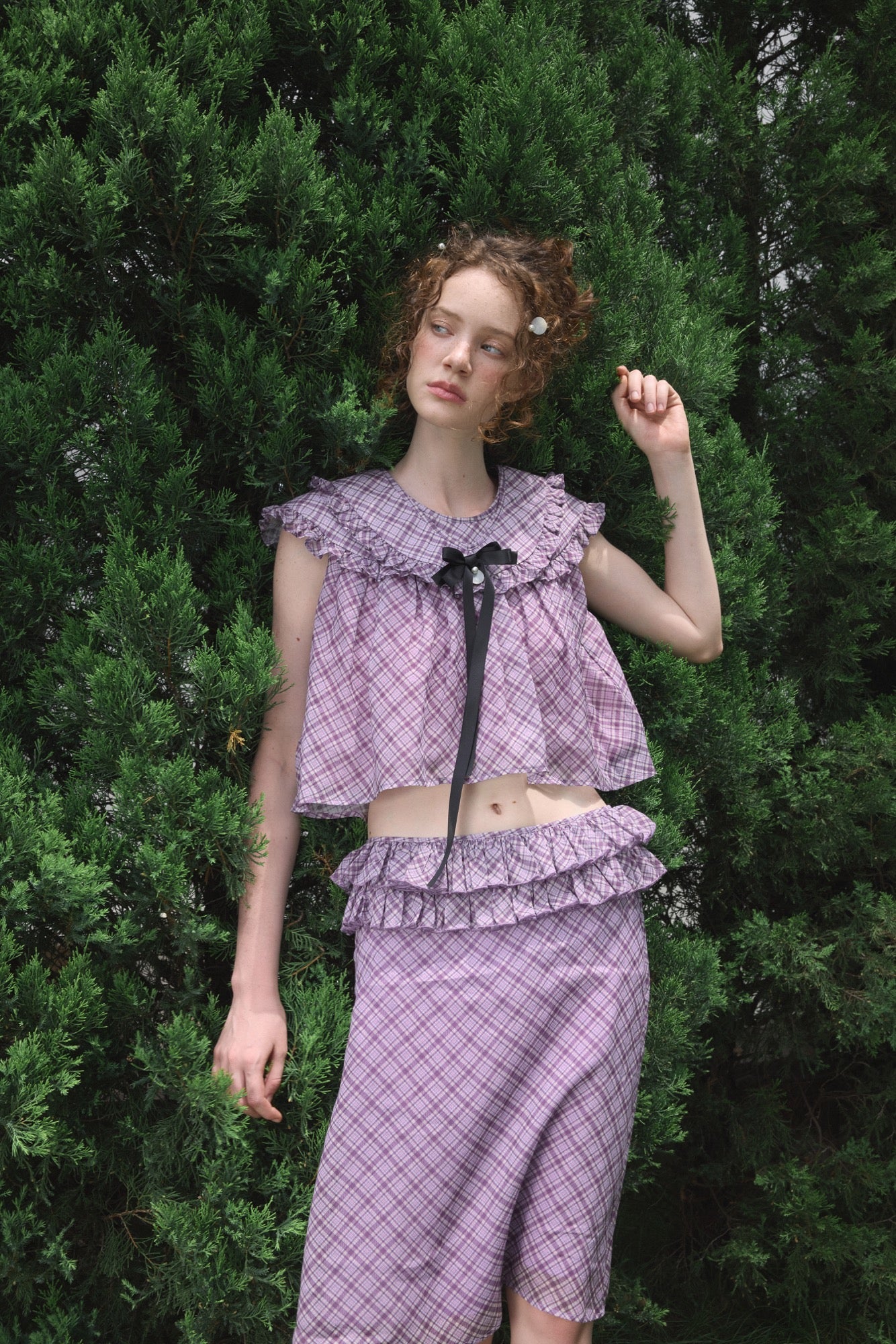 ‘Harold’ Purple Plaid Ruffles Midi Skirt