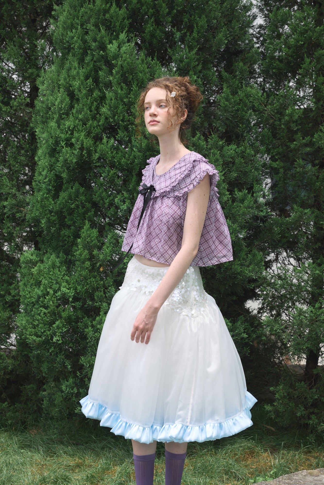 ‘Flounder’ Purple Plaid Double-Layer Collar Top