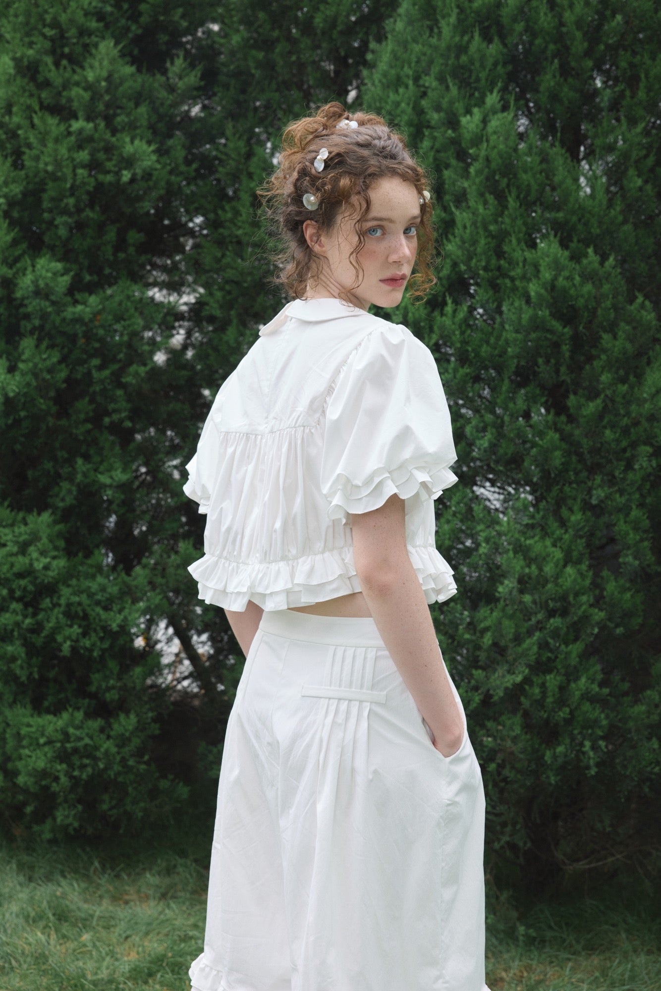 ‘Ursula’ White Ruched Cropped Top
