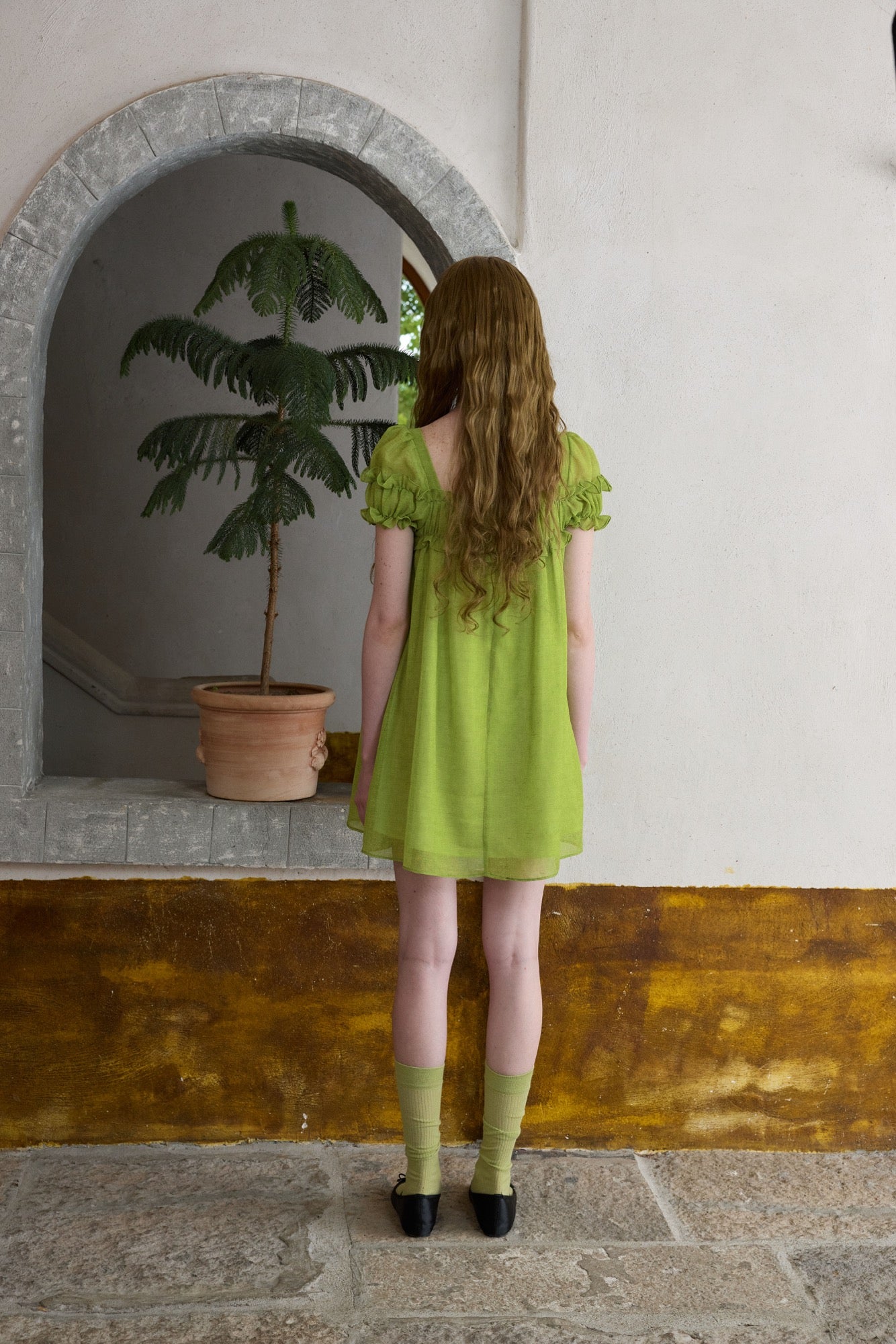 ‘Ariel’ Green Linen Puff Dress