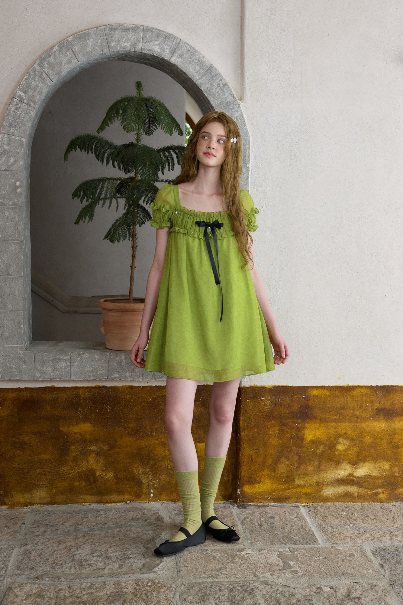 ‘Ariel’ Green Linen Puff Dress