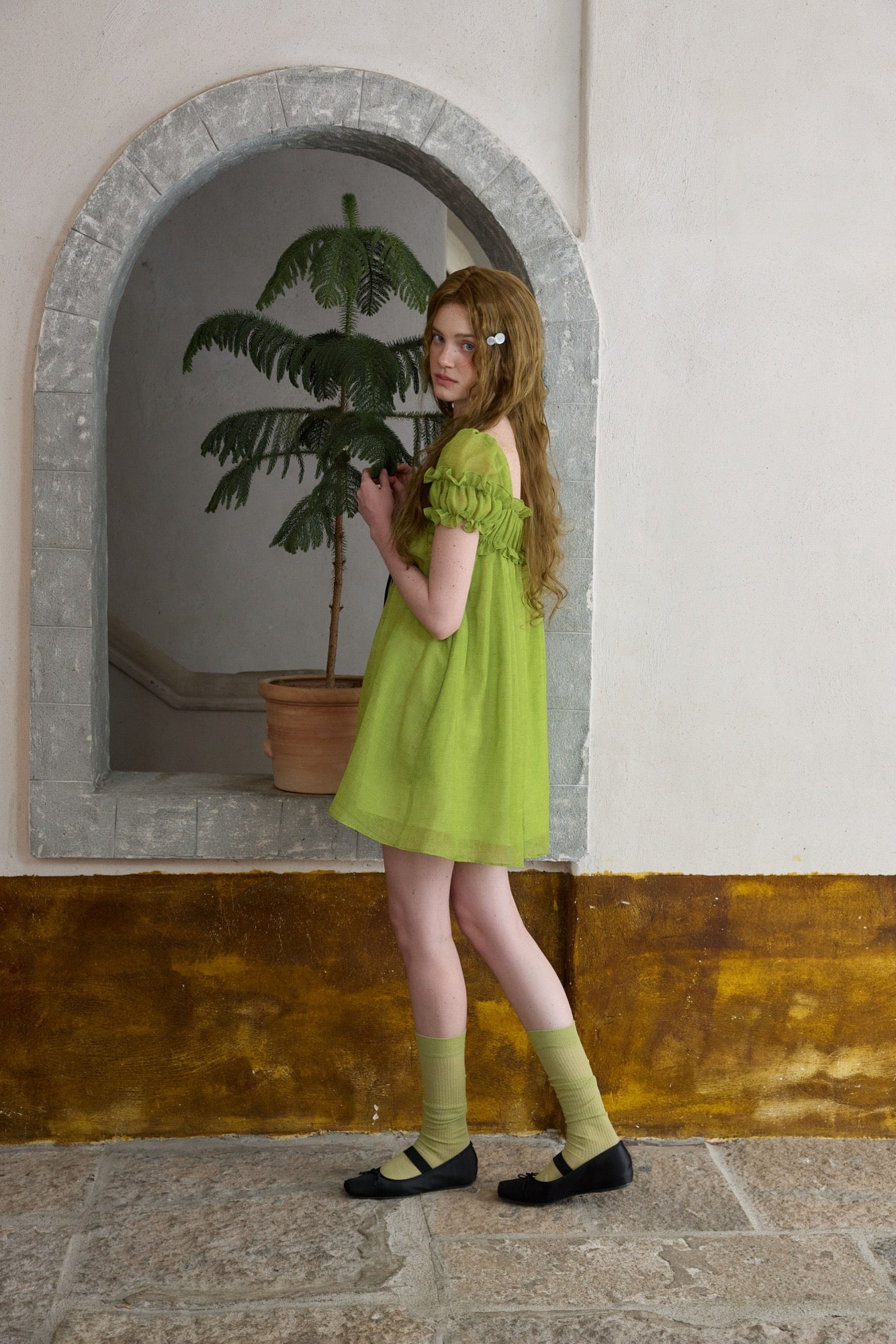 ‘Ariel’ Green Linen Puff Dress