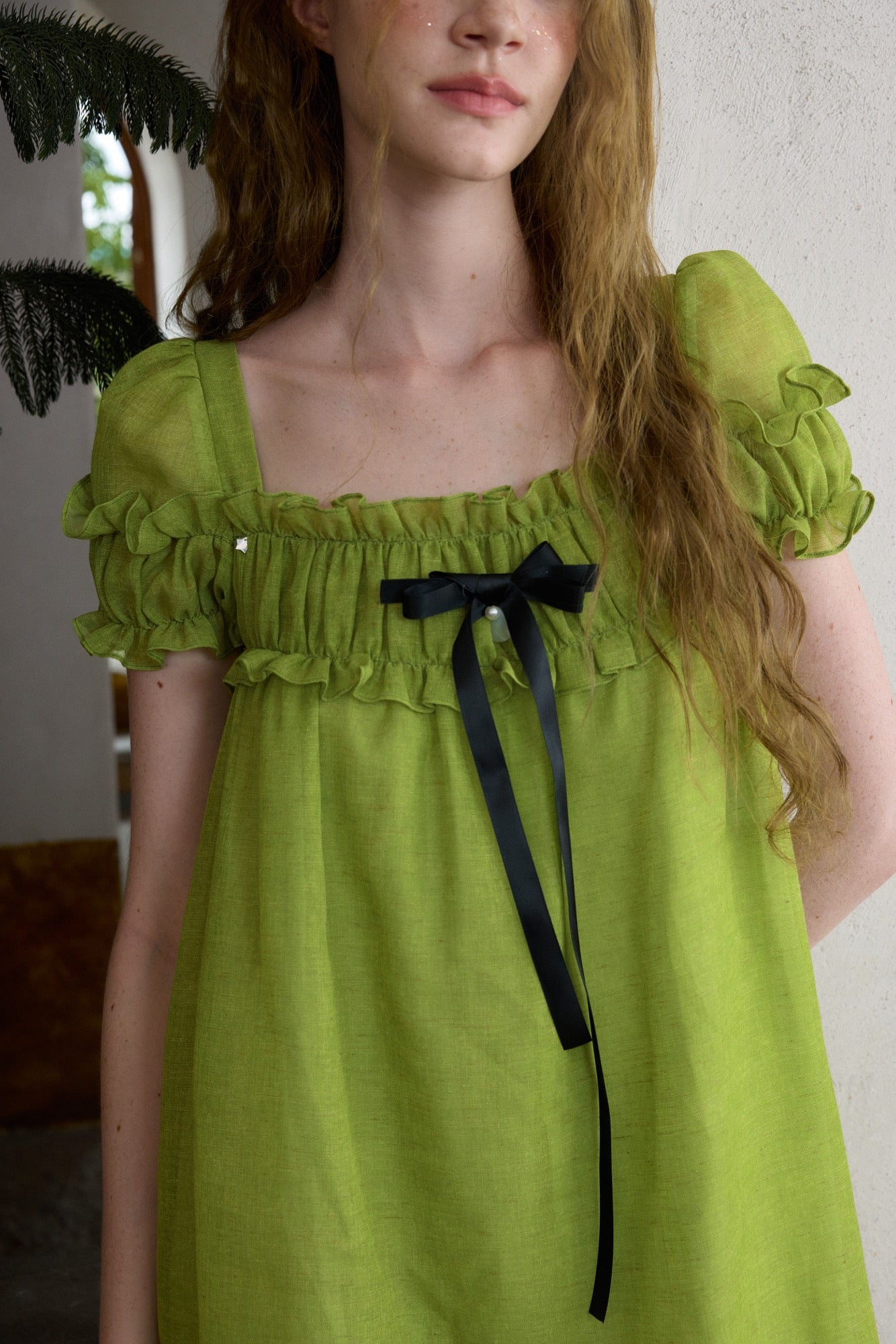 ‘Ariel’ Green Linen Puff Dress