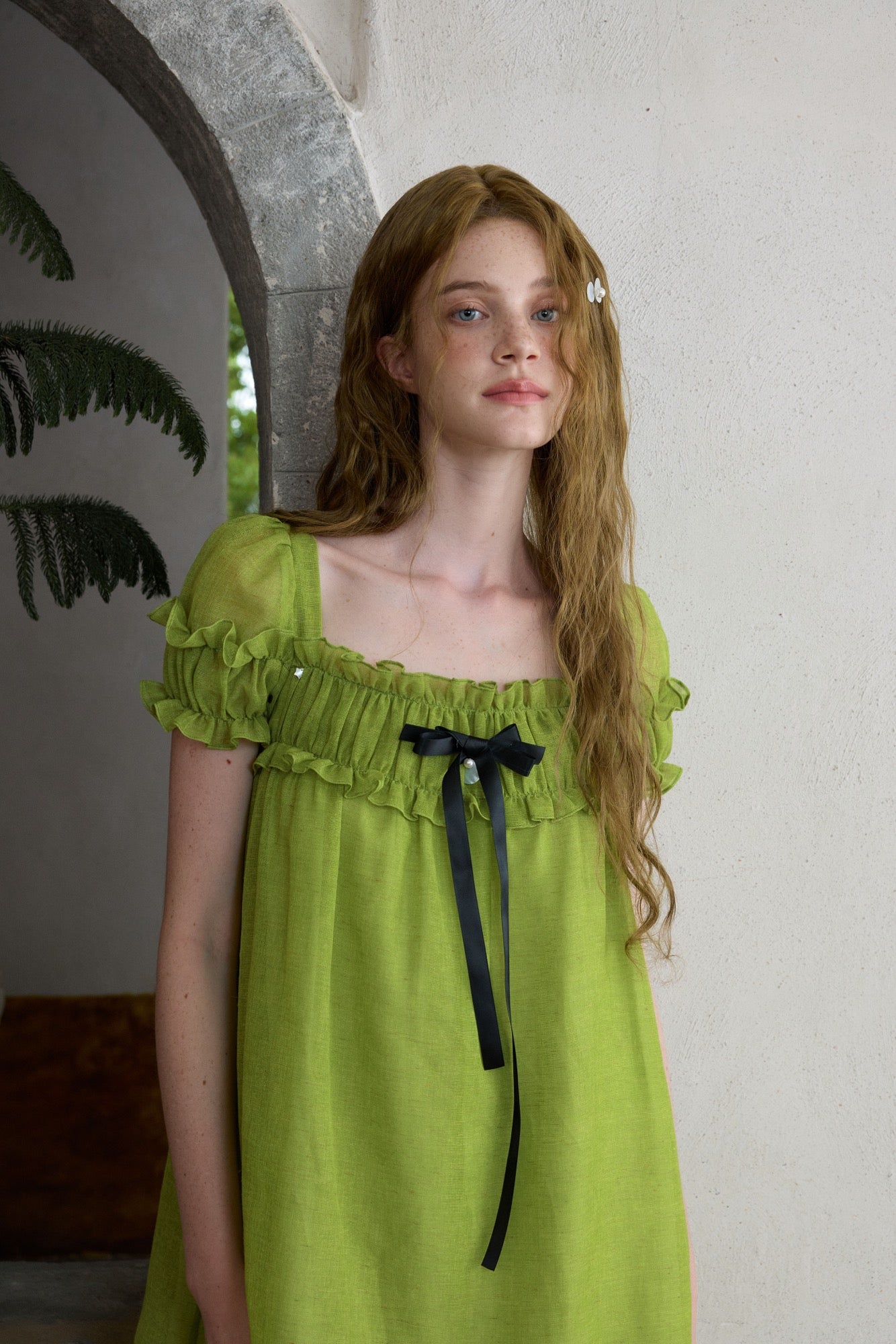 ‘Ariel’ Green Linen Puff Dress