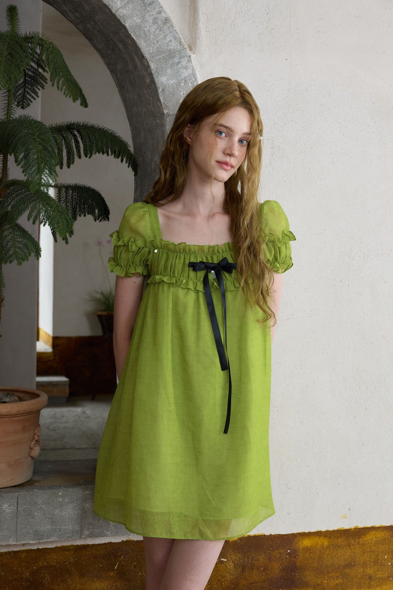 ‘Ariel’ Green Linen Puff Dress