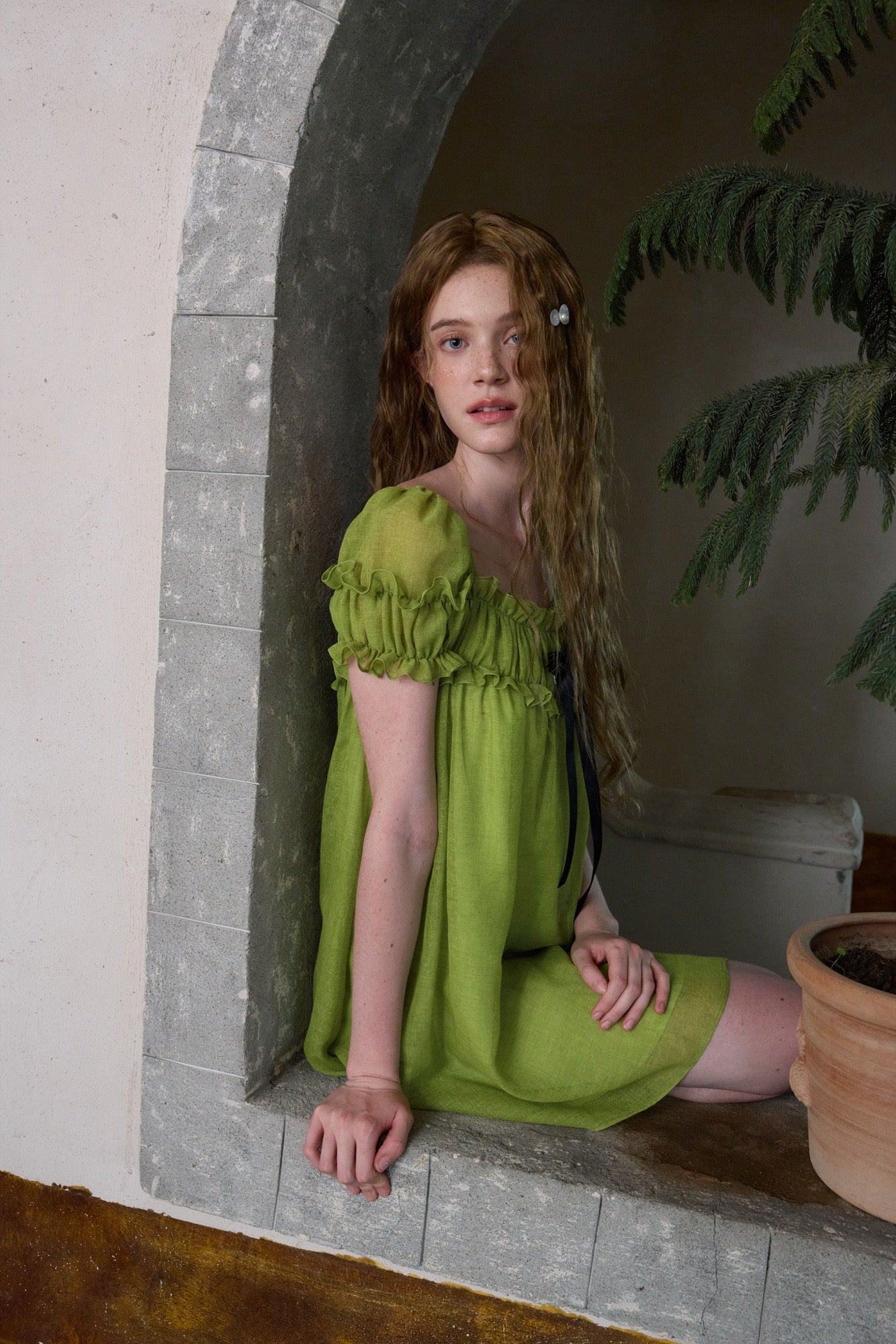 ‘Ariel’ Green Linen Puff Dress
