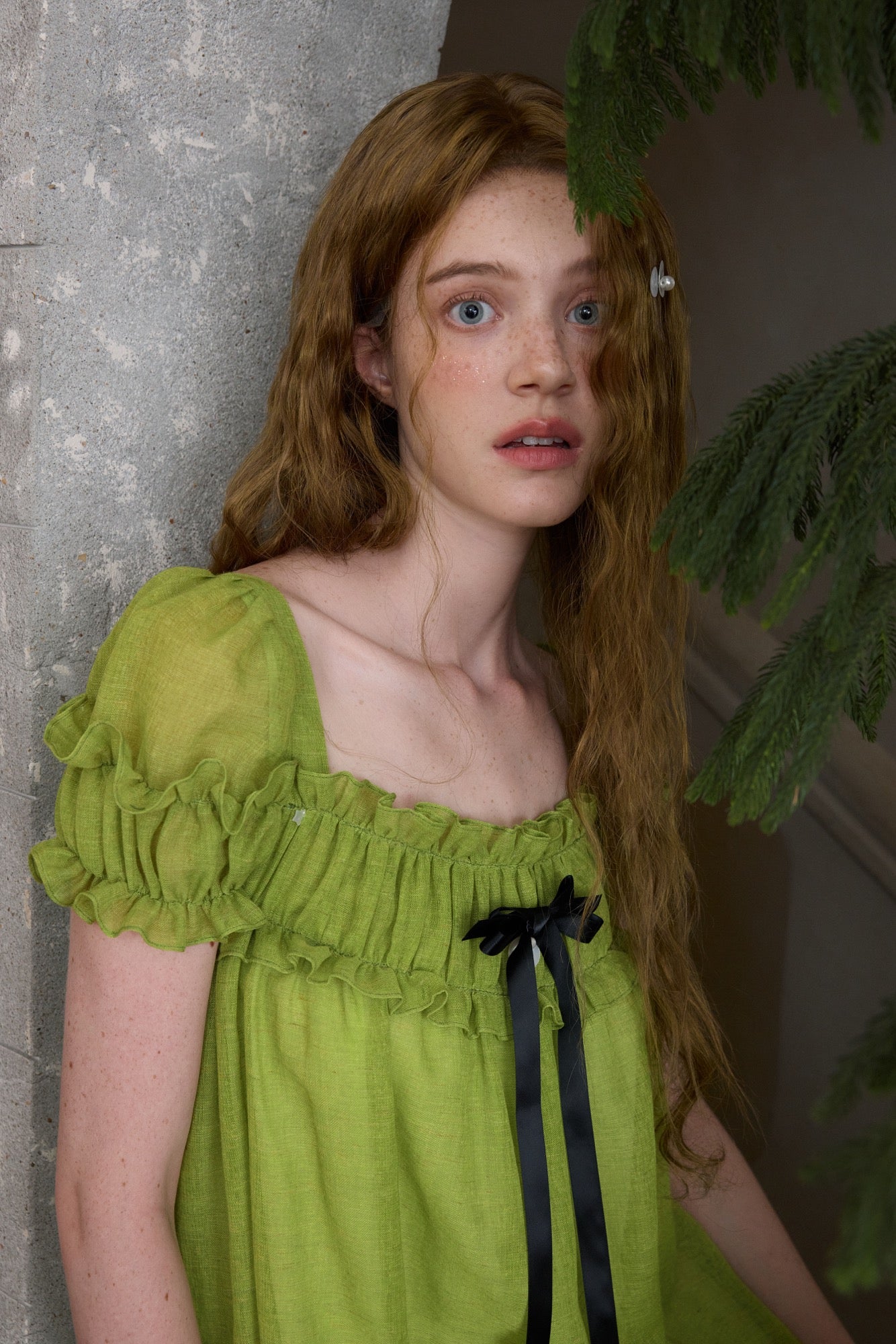 ‘Ariel’ Green Linen Puff Dress