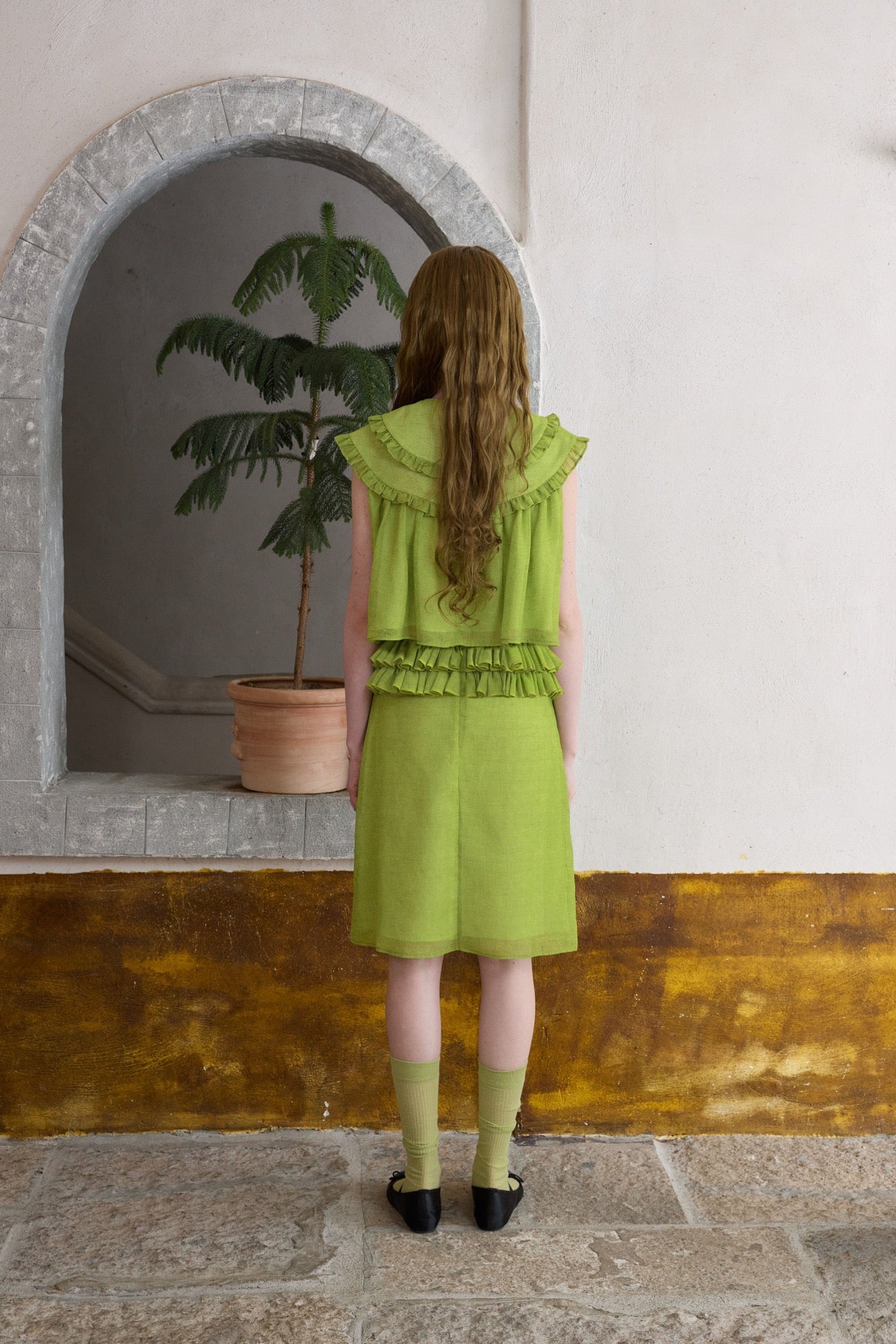 ‘Harold’ Green Linen Ruffles Midi Skirt