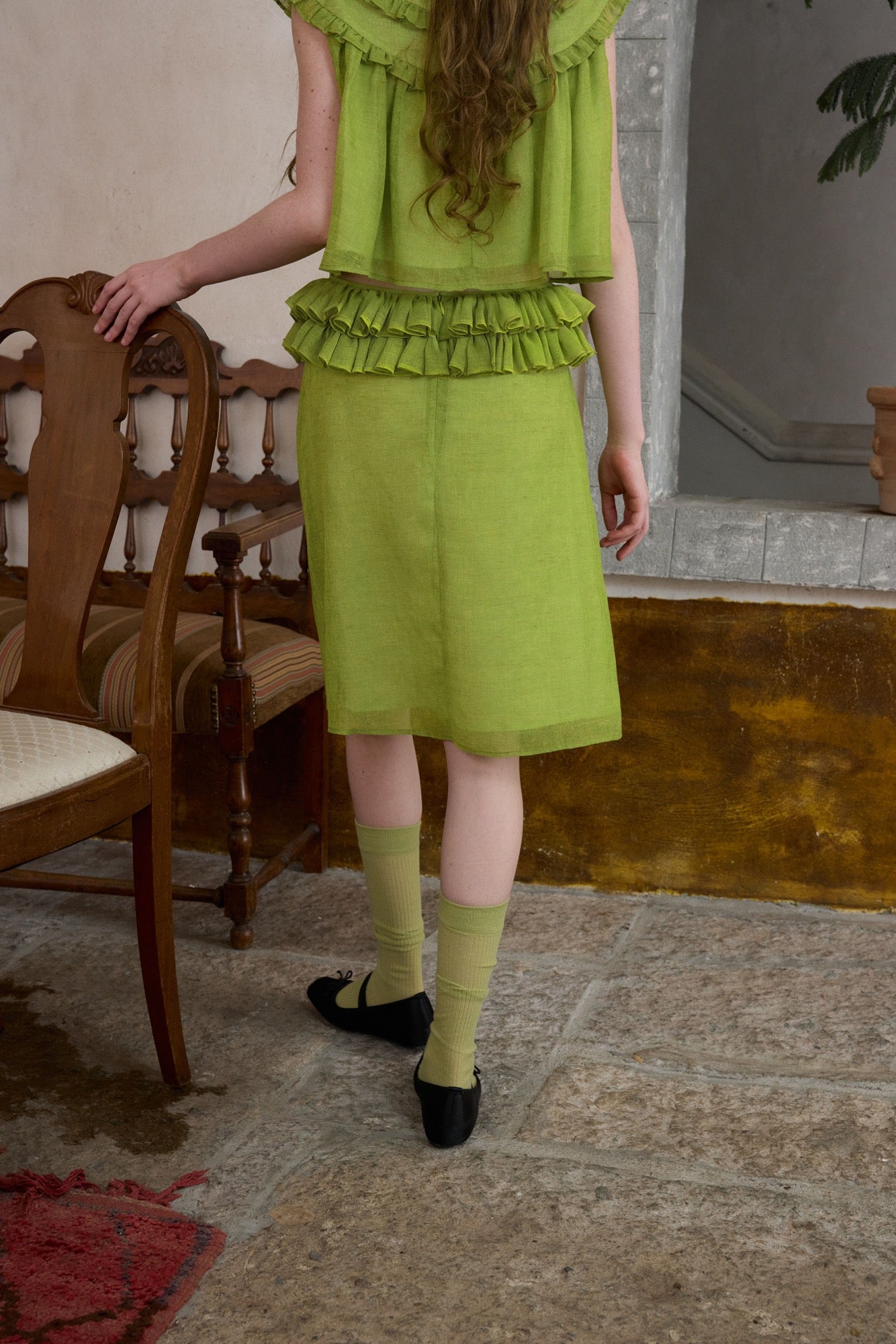 ‘Harold’ Green Linen Ruffles Midi Skirt
