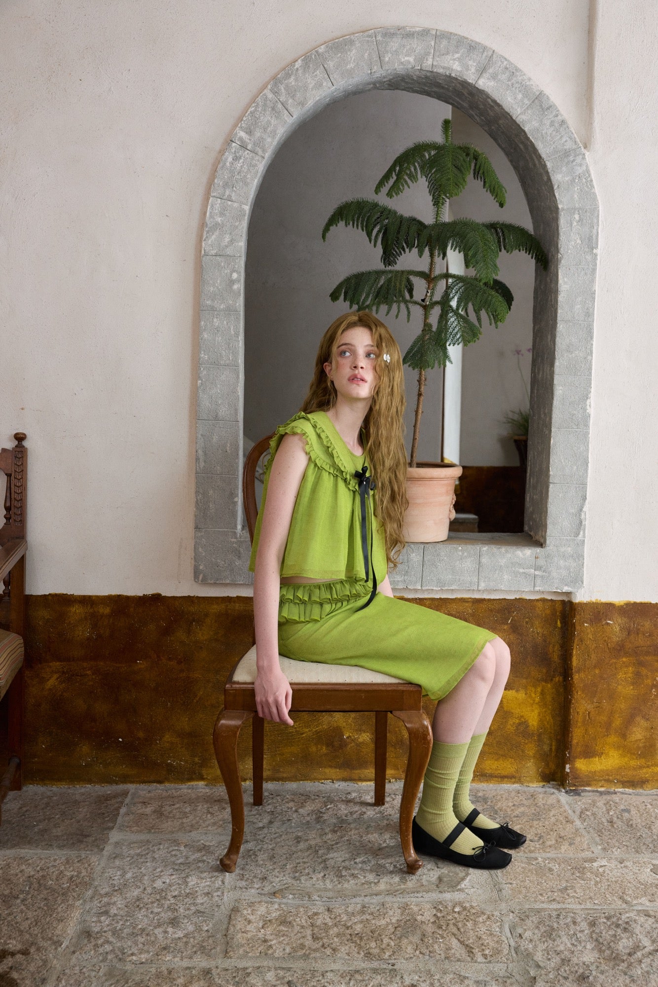 ‘Flounder’ Green Linen Double-Layer Collar Top