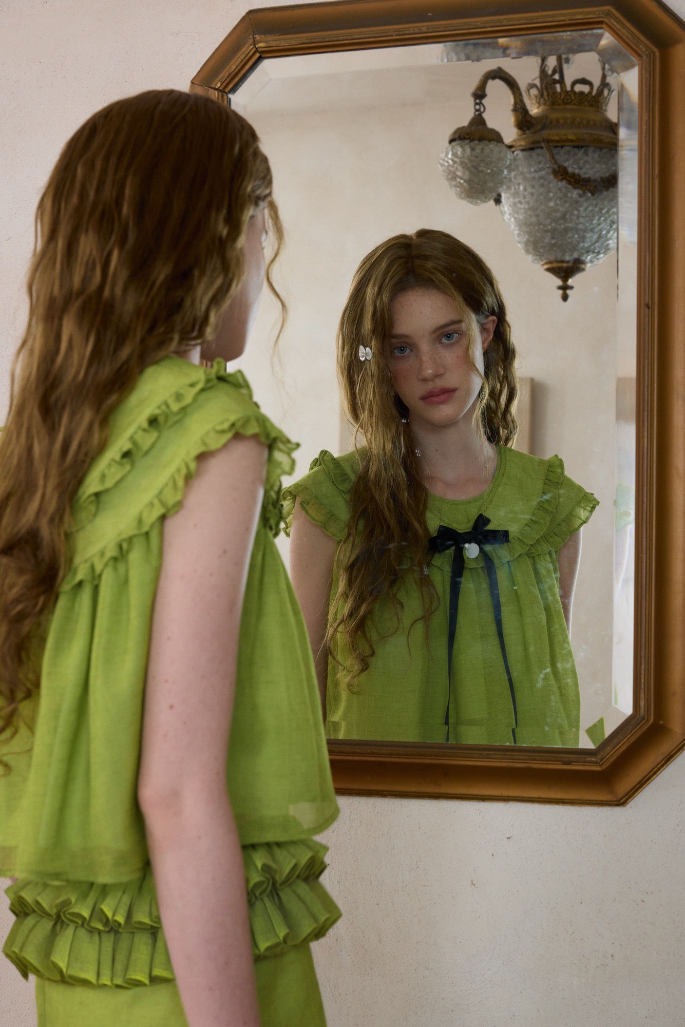 ‘Flounder’ Green Linen Double-Layer Collar Top