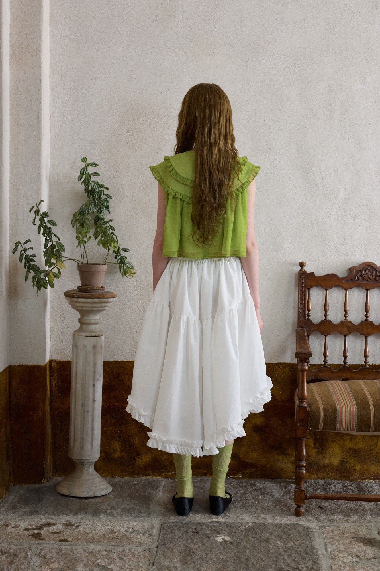 ‘Flounder’ Green Linen Double-Layer Collar Top