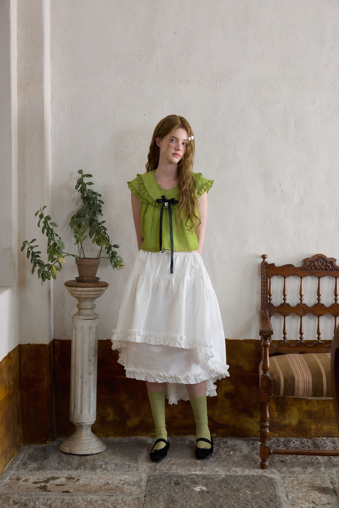 ‘Flounder’ Green Linen Double-Layer Collar Top